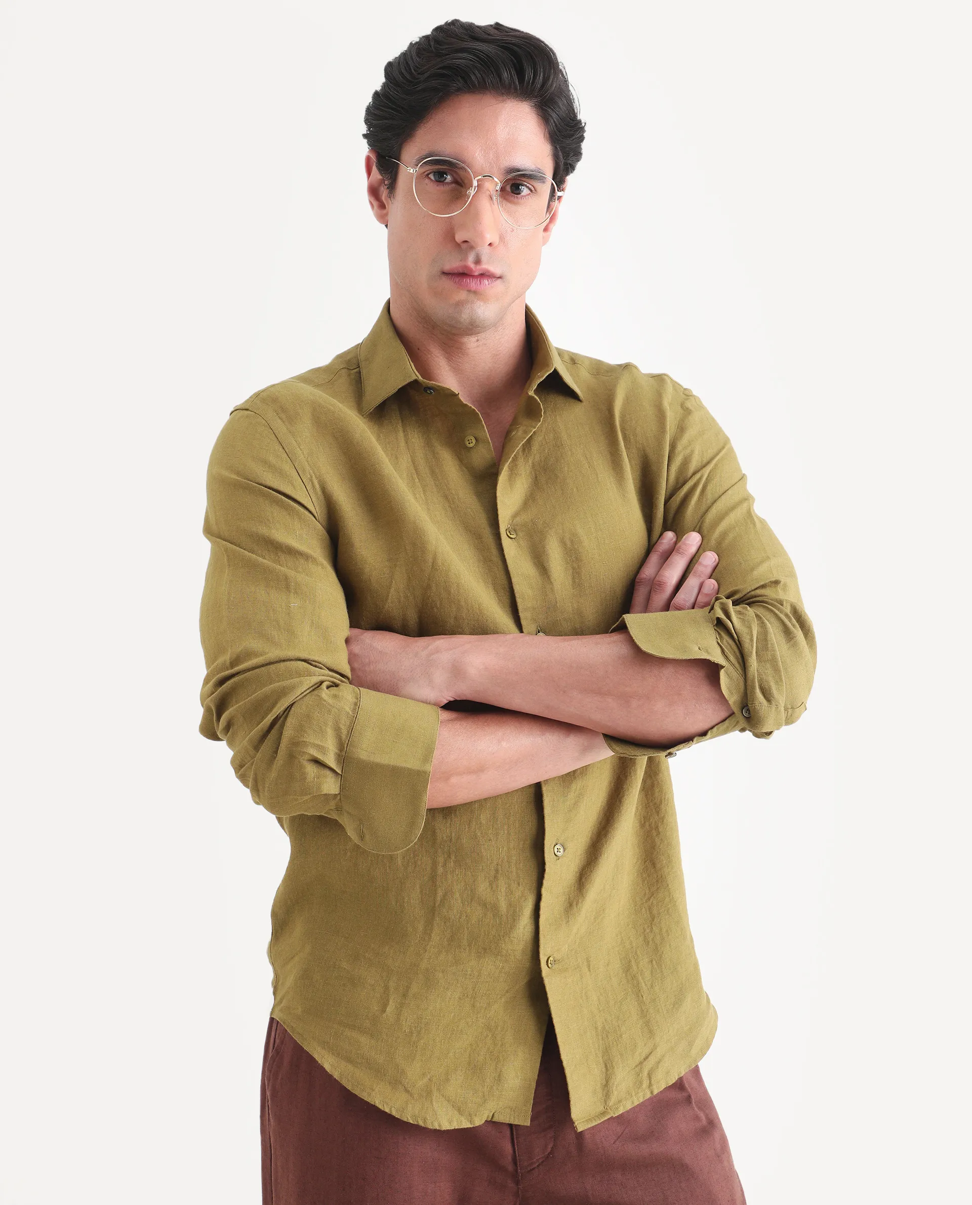 Rare Rabbit Men's Mavi-S26 Mustard 100% Linen Fabric Full Sleeve Spread Collar Regular Fit Plain Shirt - Image 6
