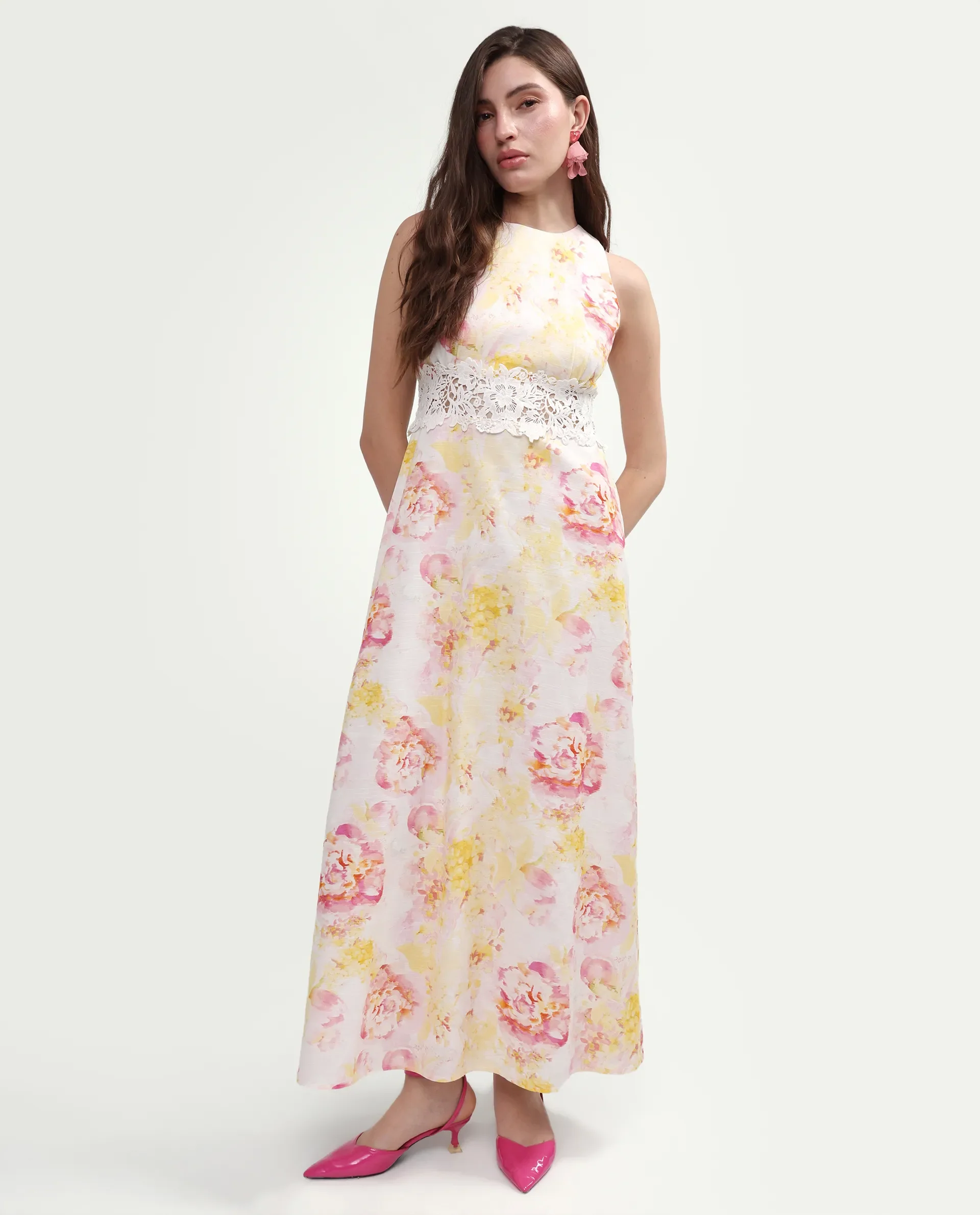 Rareism Women's Mavi Multi Cotton Sleeveless Crew Neck A-Line Floral Print Dress - Image 3