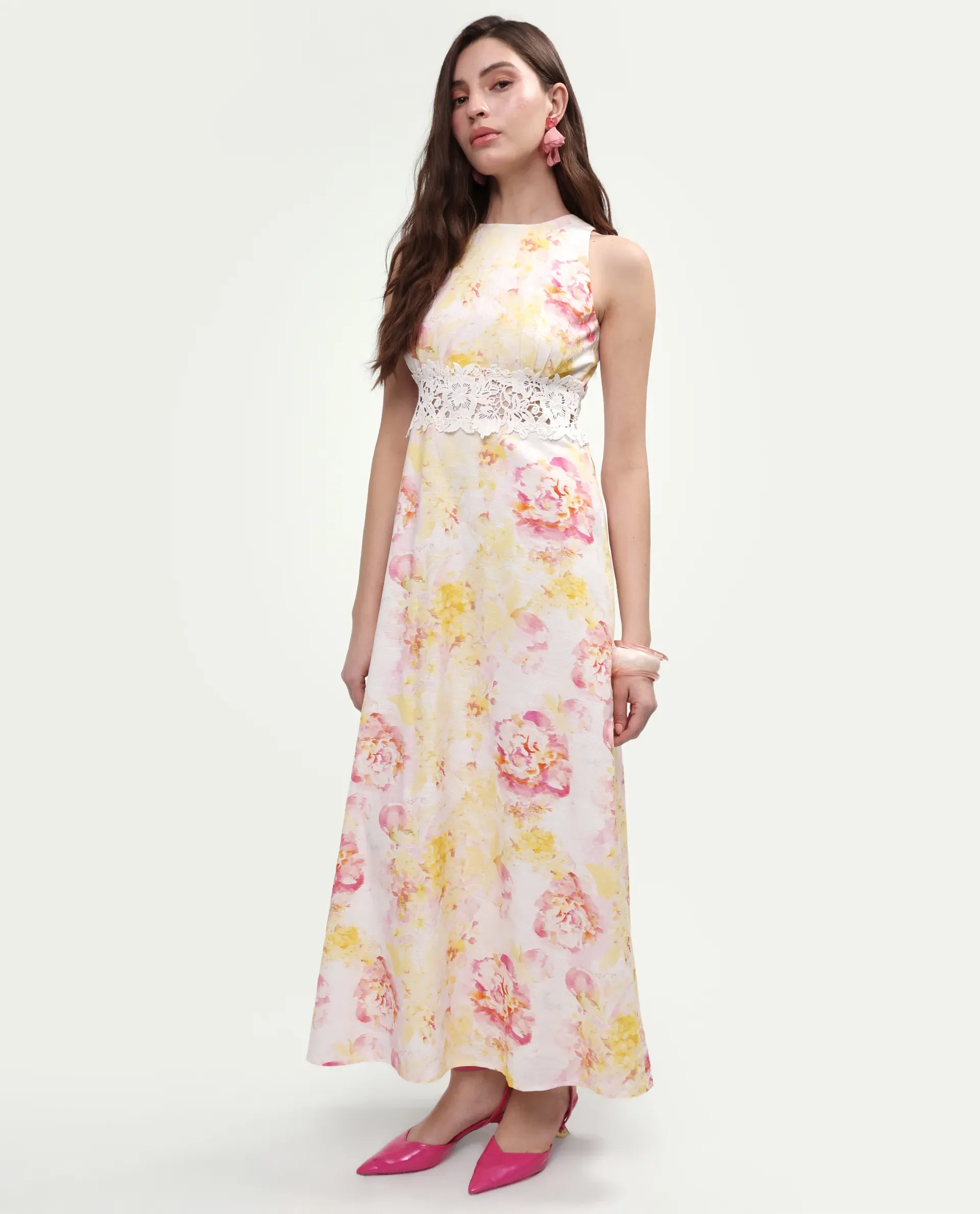 Rareism Women's Mavi Multi Cotton Sleeveless Crew Neck A-Line Floral Print Dress - Image 5