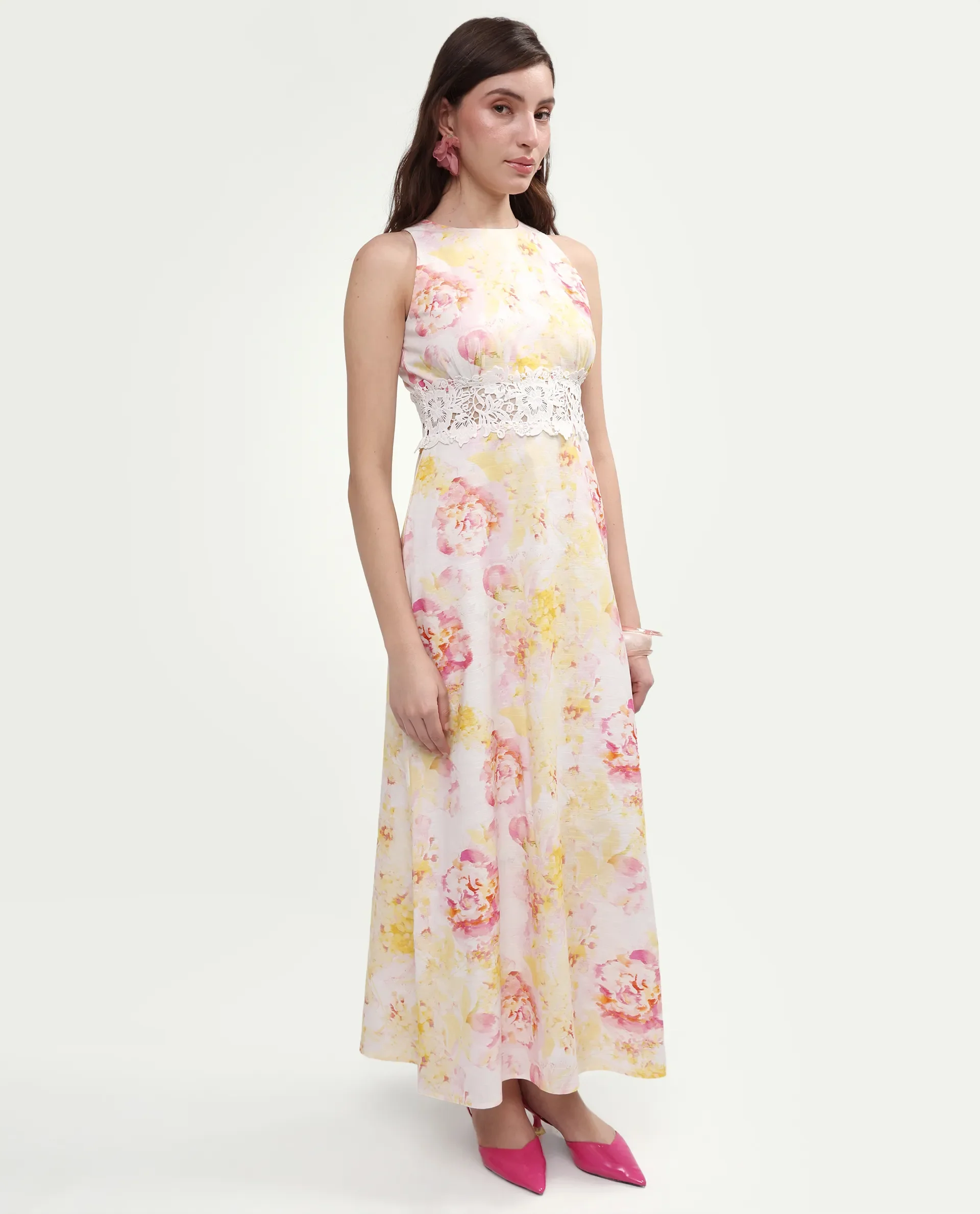 Rareism Women's Mavi Multi Cotton Sleeveless Crew Neck A-Line Floral Print Dress - Image 6