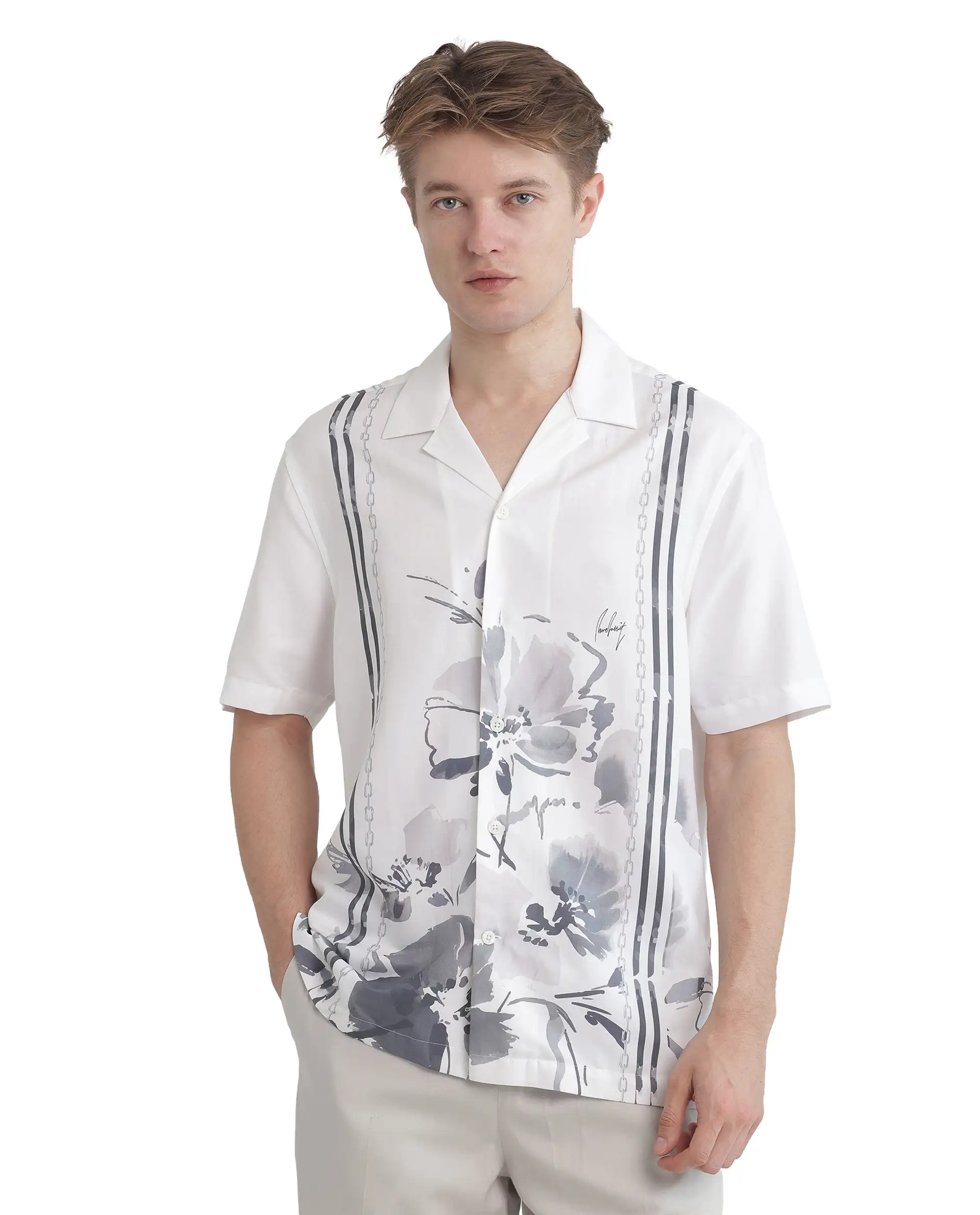 Rare Rabbit Men's Mavo White Cotton Blend Floral Print Boxy Fit Half Sleeve Cuban Collar Shirt - Image 2