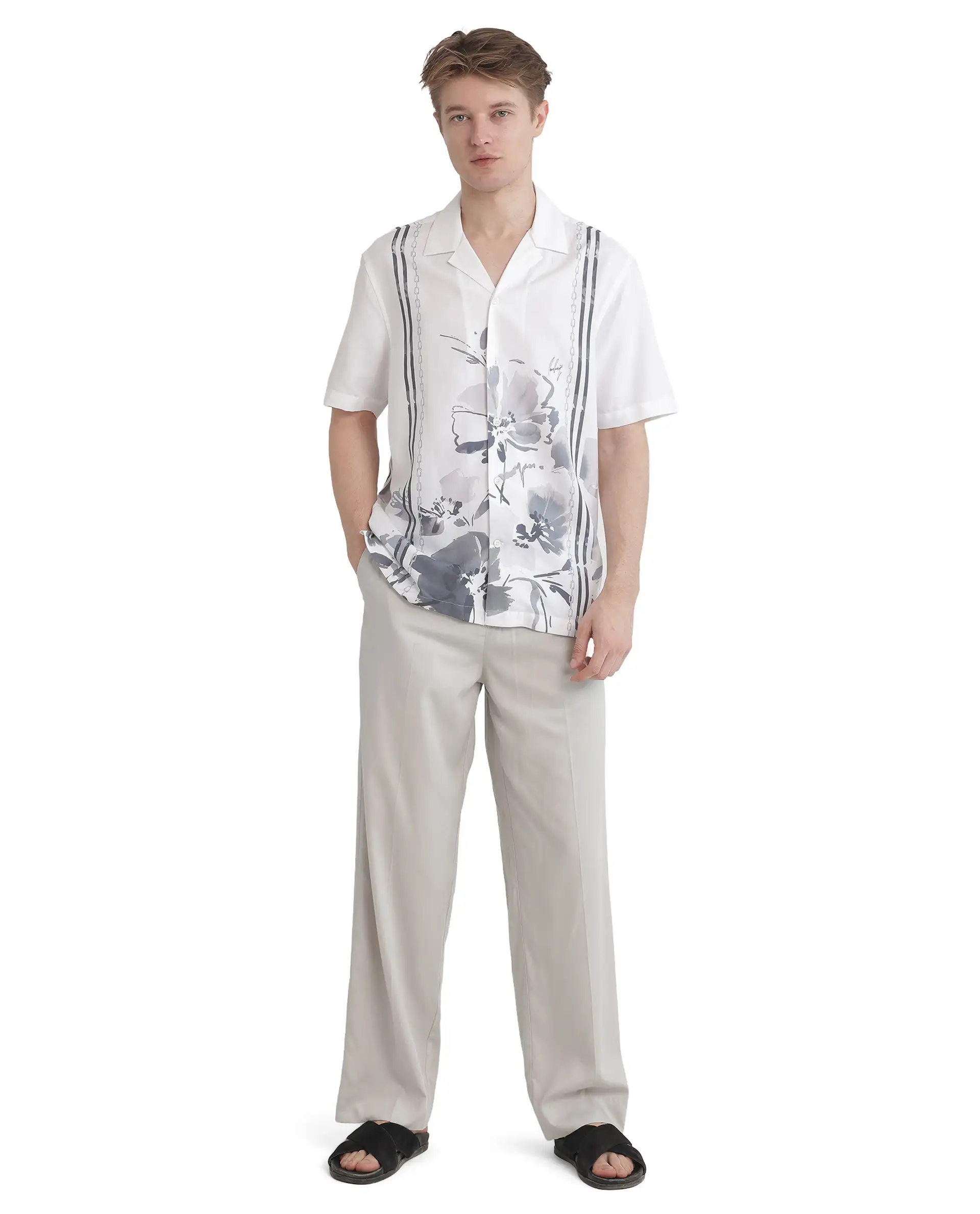 Rare Rabbit Men's Mavo White Cotton Blend Floral Print Boxy Fit Half Sleeve Cuban Collar Shirt - Image 3
