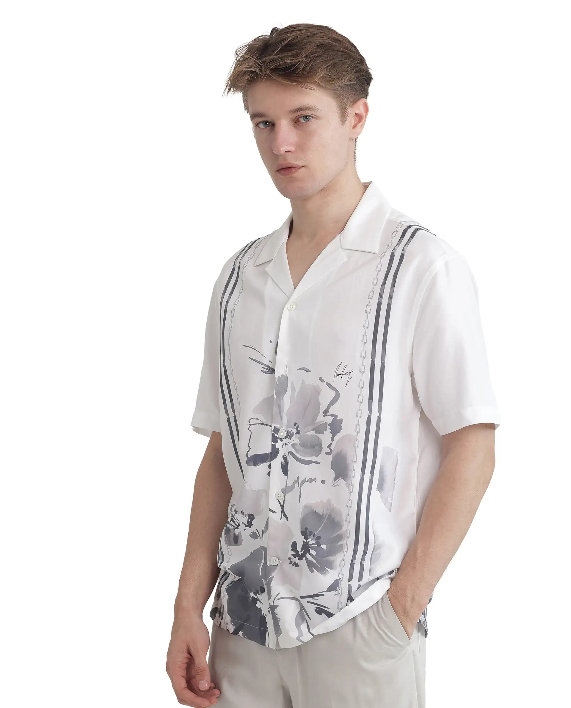 Rare Rabbit Men's Mavo White Cotton Blend Floral Print Boxy Fit Half Sleeve Cuban Collar Shirt - Image 7