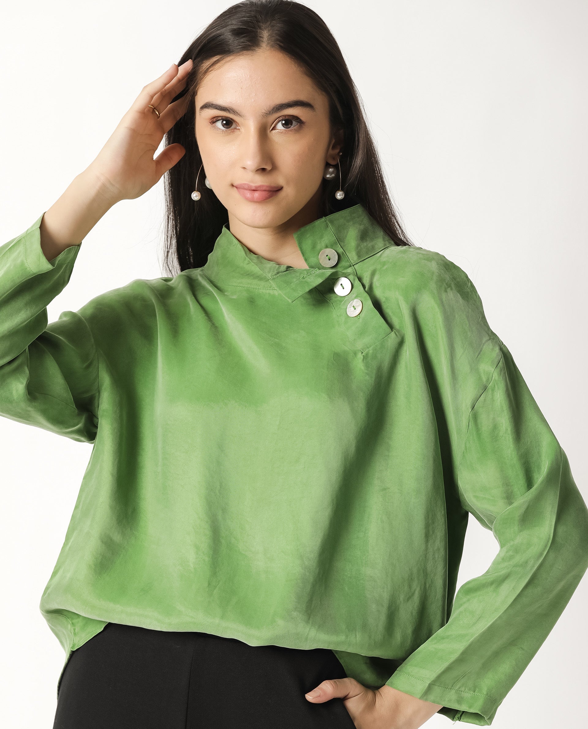 Rareism Womens Mawa Green Top Full Sleeve High Collared - Image 10