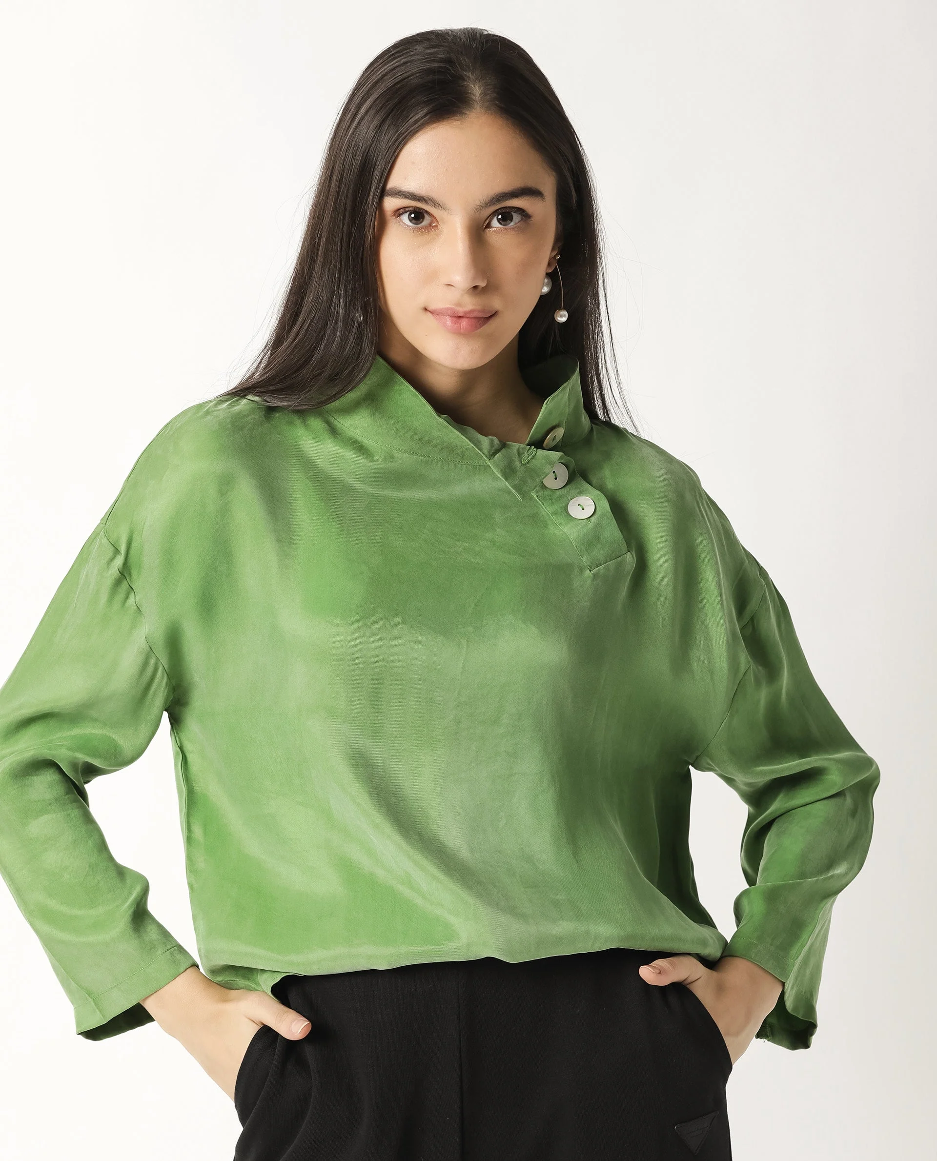 Rareism Womens Mawa Green Top Full Sleeve High Collared - Image 3