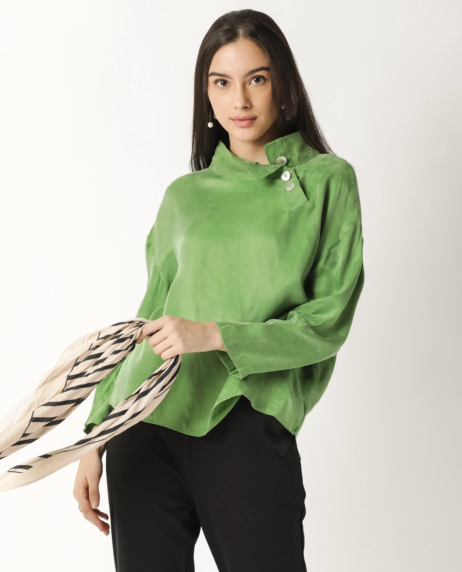 Rareism Womens Mawa Green Top Full Sleeve High Collared - Image 4