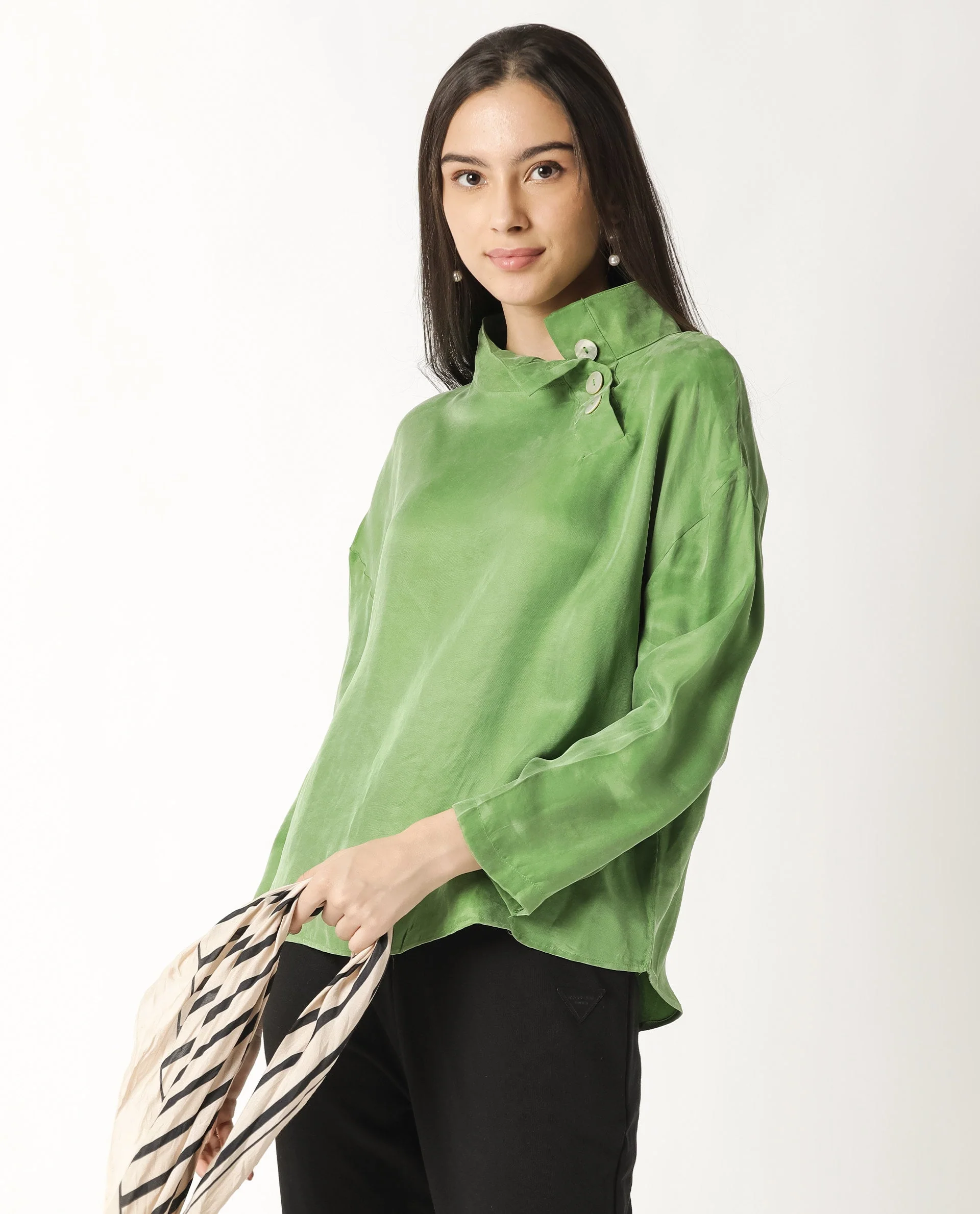 Rareism Womens Mawa Green Top Full Sleeve High Collared - Image 7
