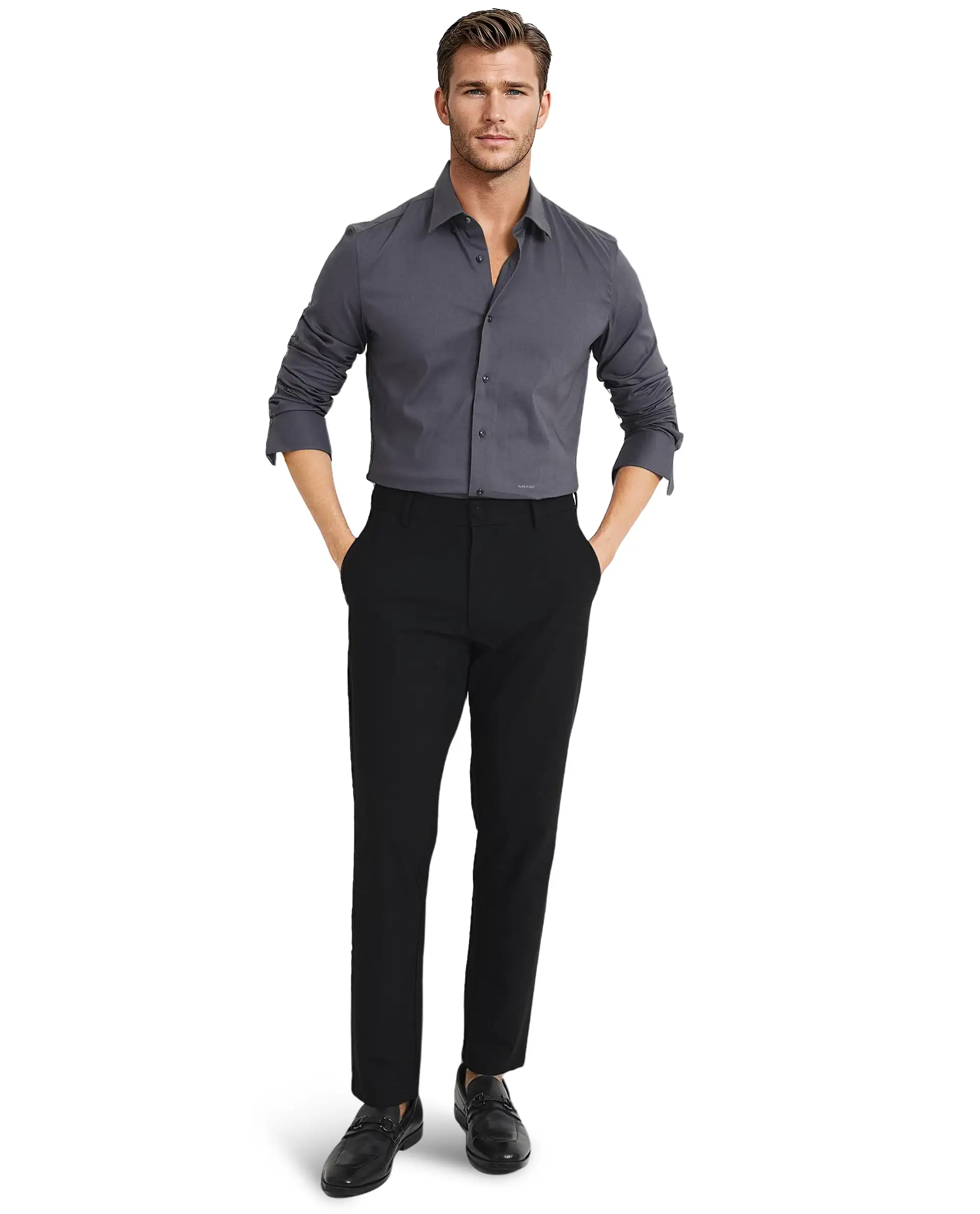 Rare Rabbit Men's Mawz Dark Grey Cotton Plain Regular Fit Full Sleeve Collared Shirt - Image 2