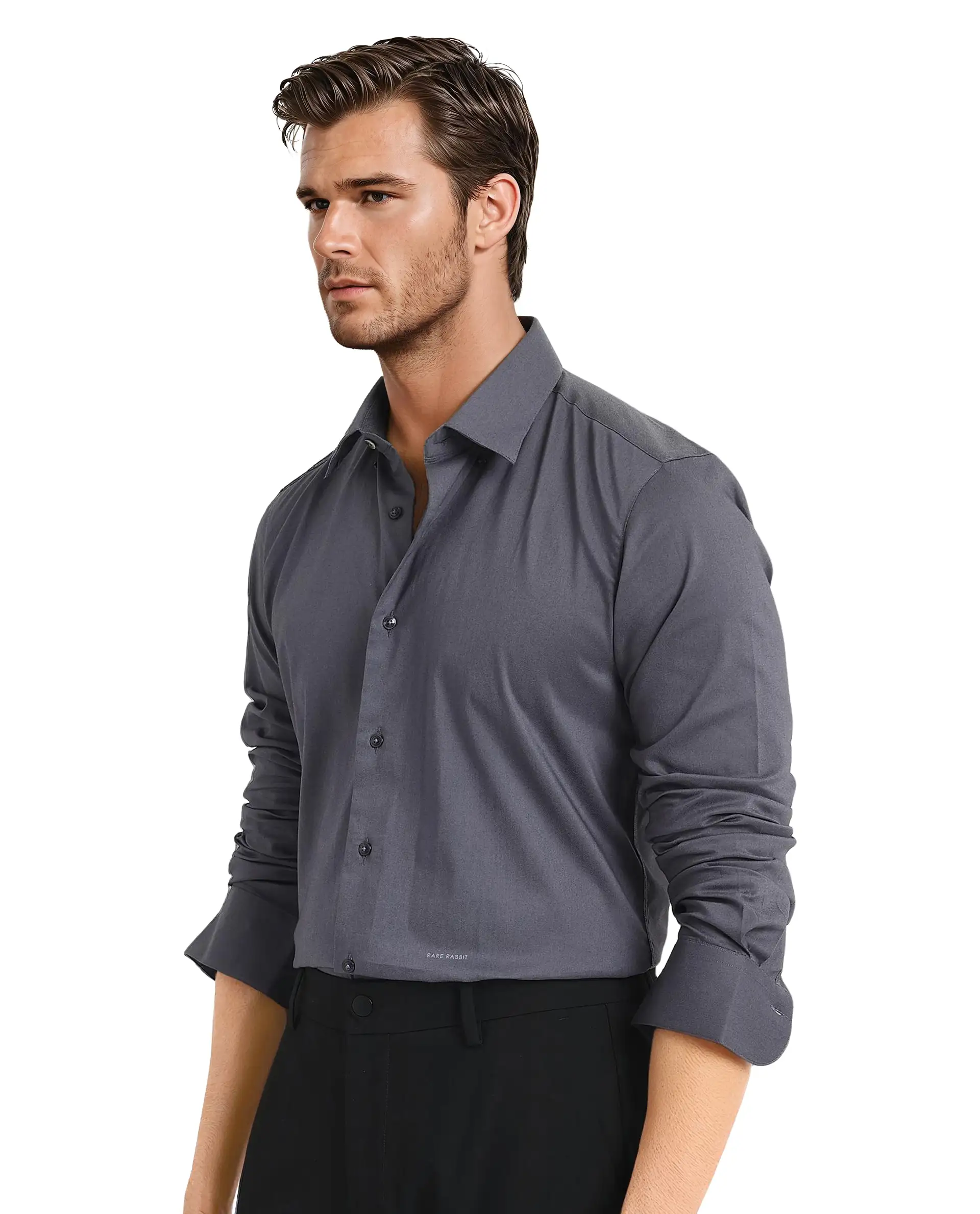 Rare Rabbit Men's Mawz Dark Grey Cotton Plain Regular Fit Full Sleeve Collared Shirt - Image 5