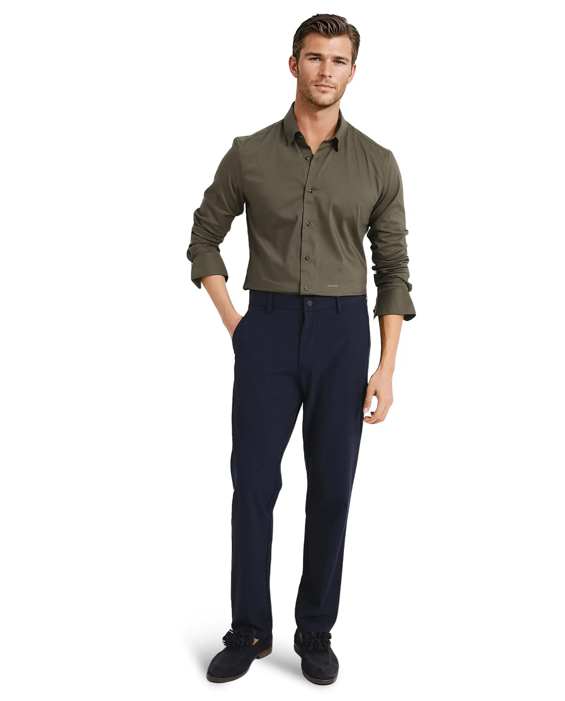 Rare Rabbit Men's Mawz Olive Cotton Plain Regular Fit Full Sleeve Collared Shirt - Image 2
