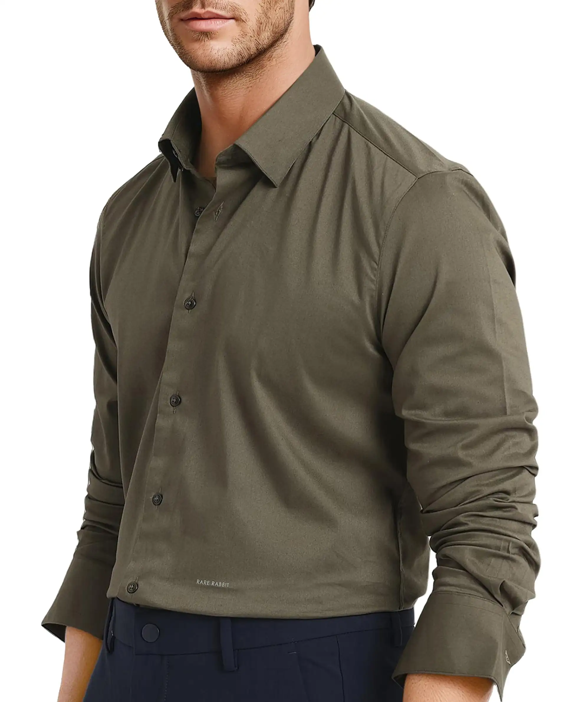 Rare Rabbit Men's Mawz Olive Cotton Plain Regular Fit Full Sleeve Collared Shirt - Image 3