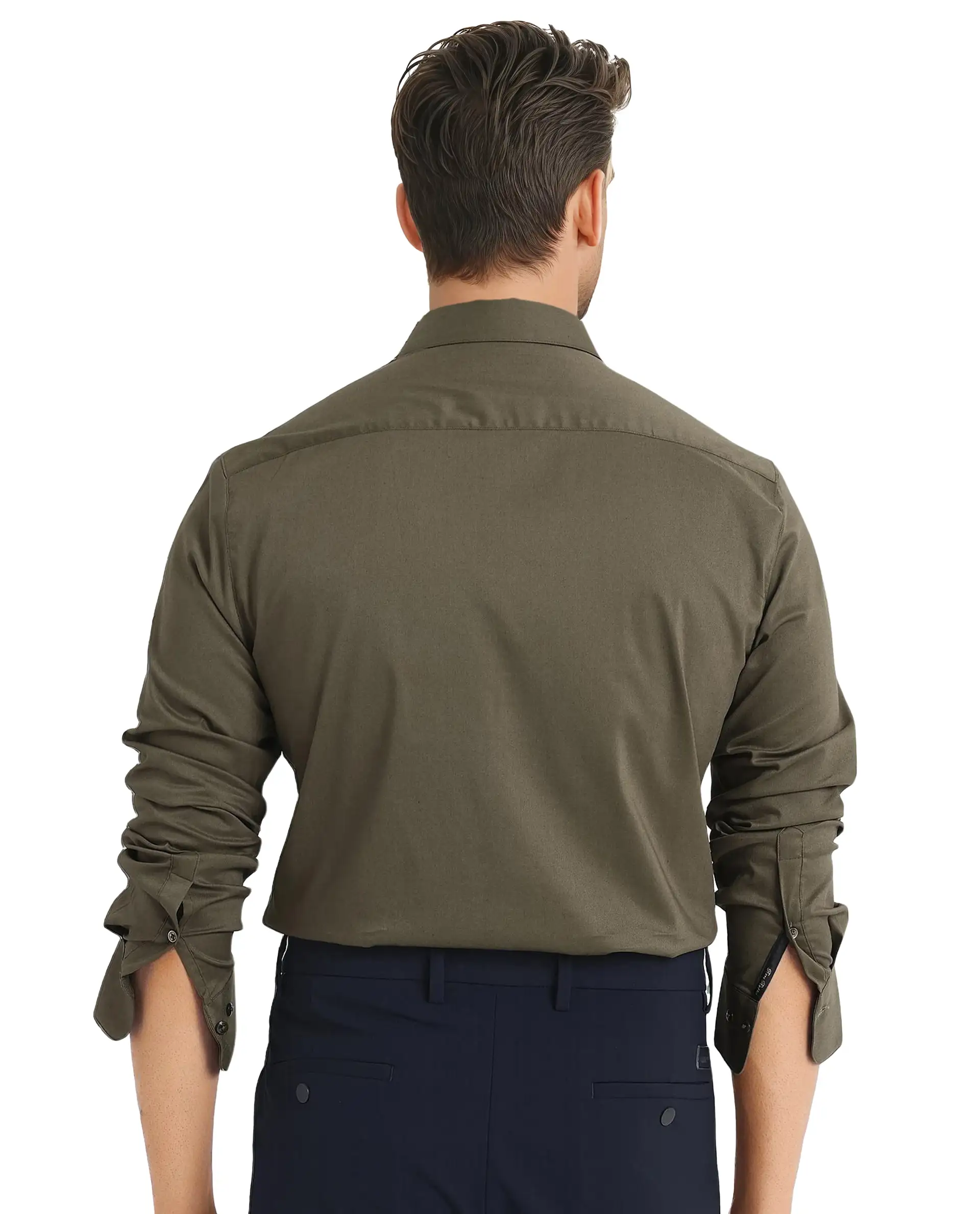 Rare Rabbit Men's Mawz Olive Cotton Plain Regular Fit Full Sleeve Collared Shirt - Image 4