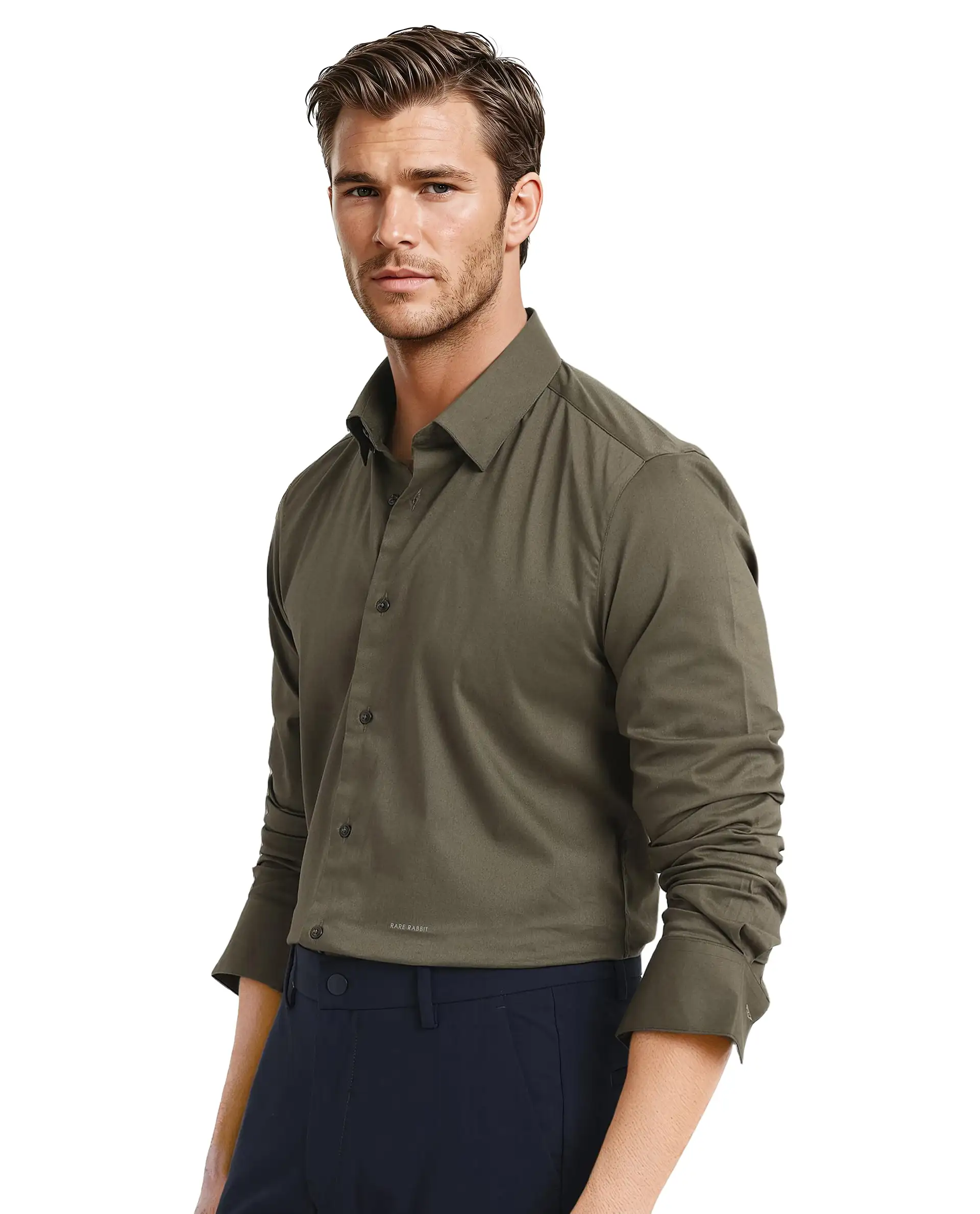 Rare Rabbit Men's Mawz Olive Cotton Plain Regular Fit Full Sleeve Collared Shirt - Image 7