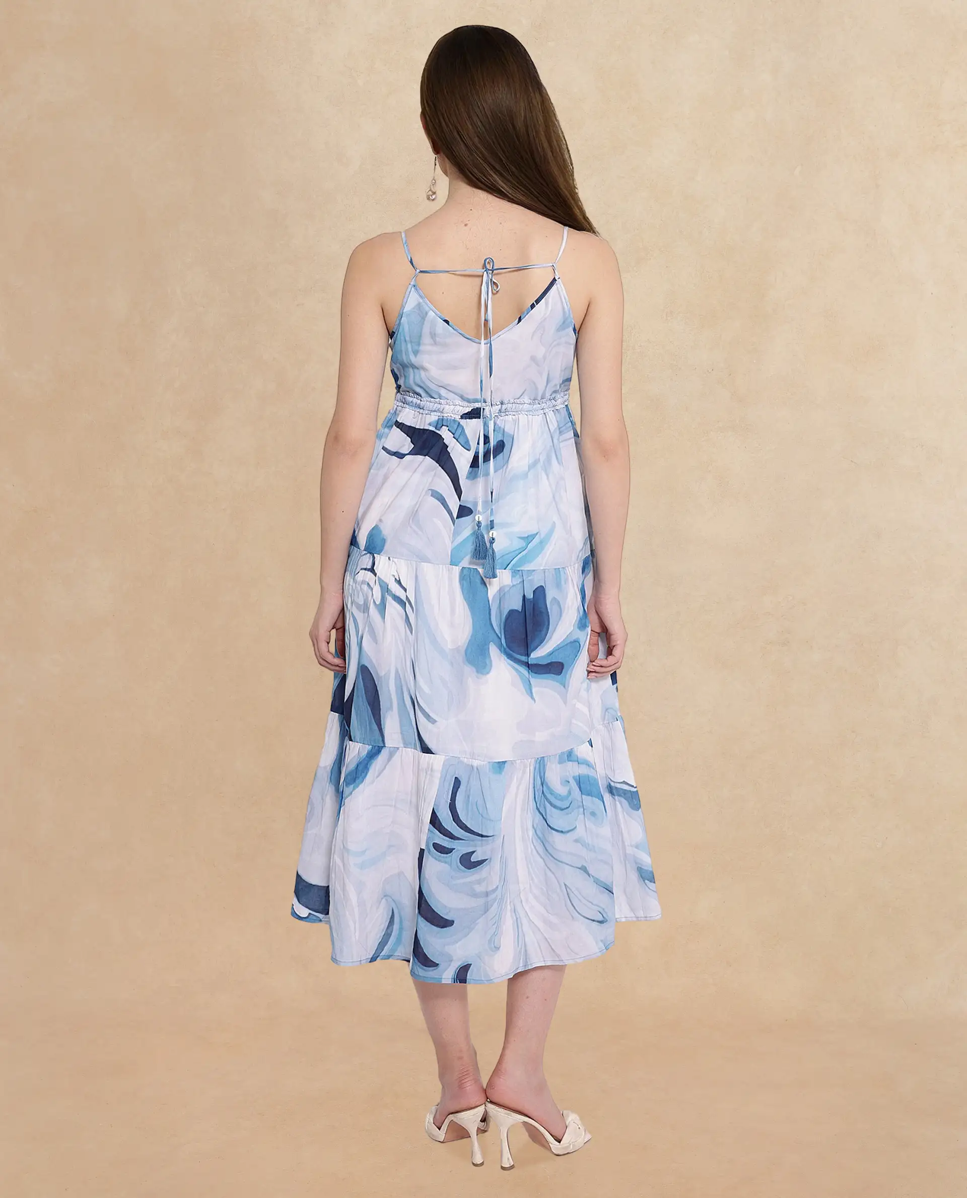 Rareism Women's Maxicalli Blue Cotton Shoulder Strap Abstract Print Shoulder Strap Midi Fit And Flare Dress - Image 4