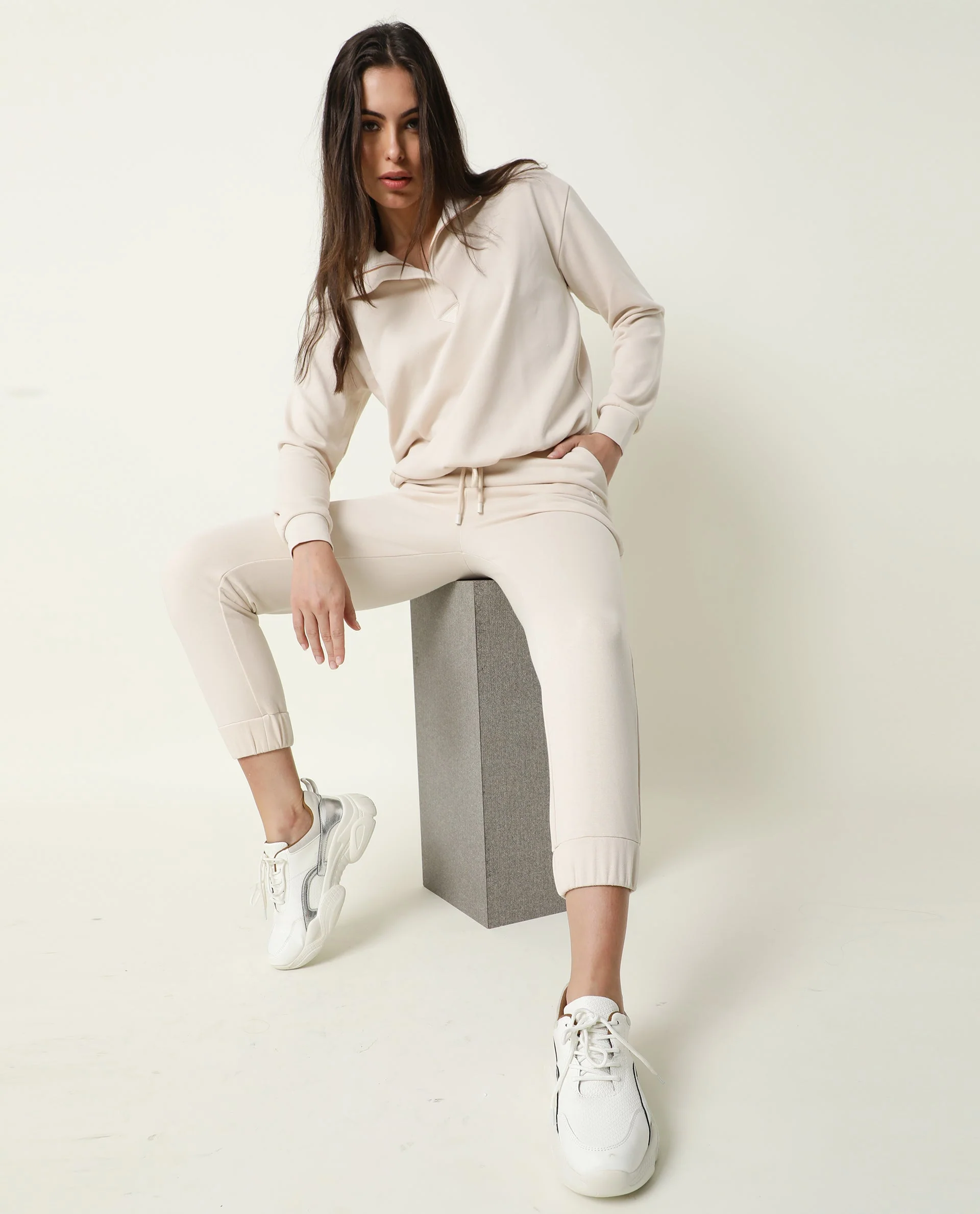 Rareism Women Maxine Beige Track Pant Cotton Fabric Drawstring Closure Solid