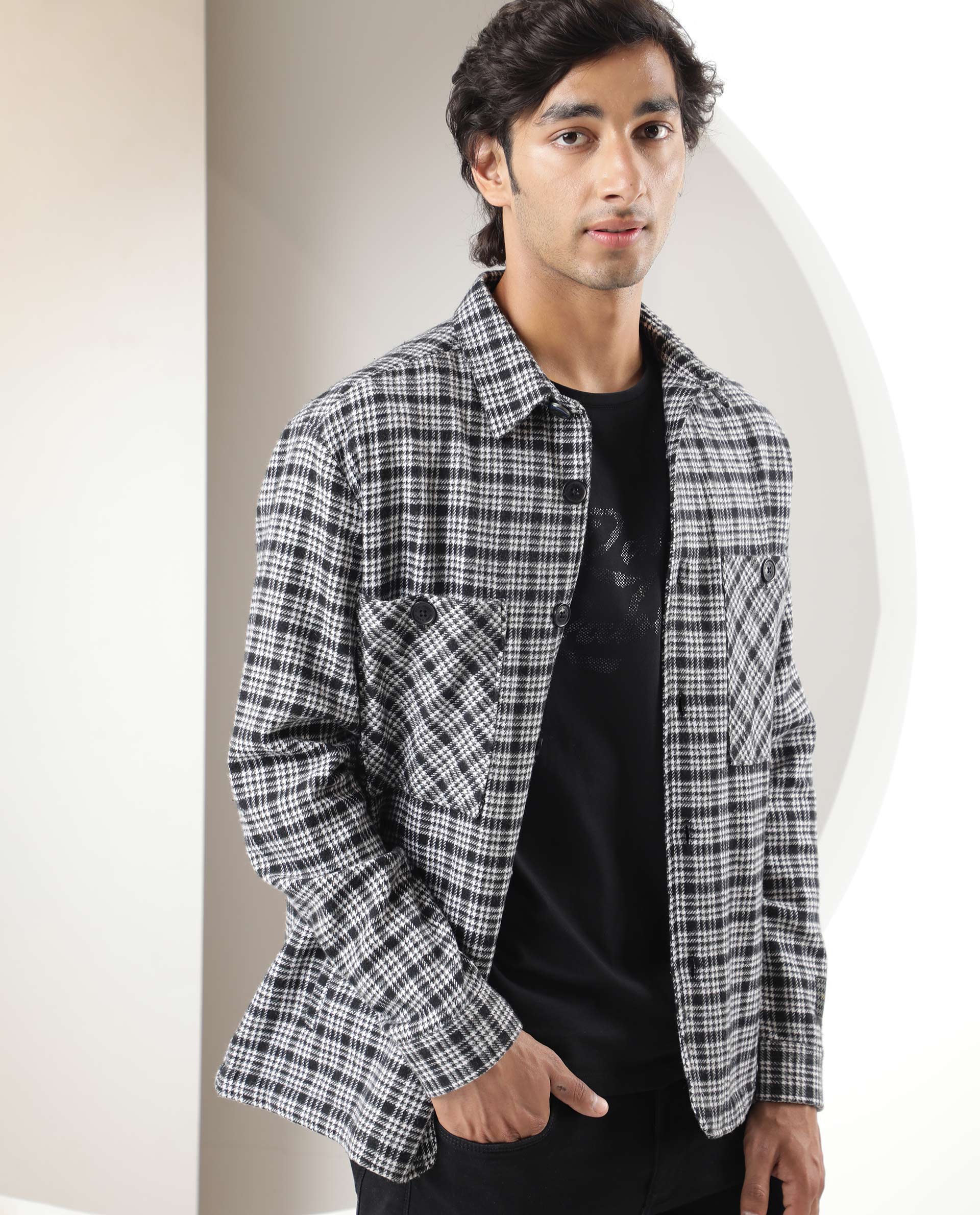 Rare Rabbit Men's Maxon Black Checked Print Regular Fit Full Sleeve Collared Jacket - Image 3
