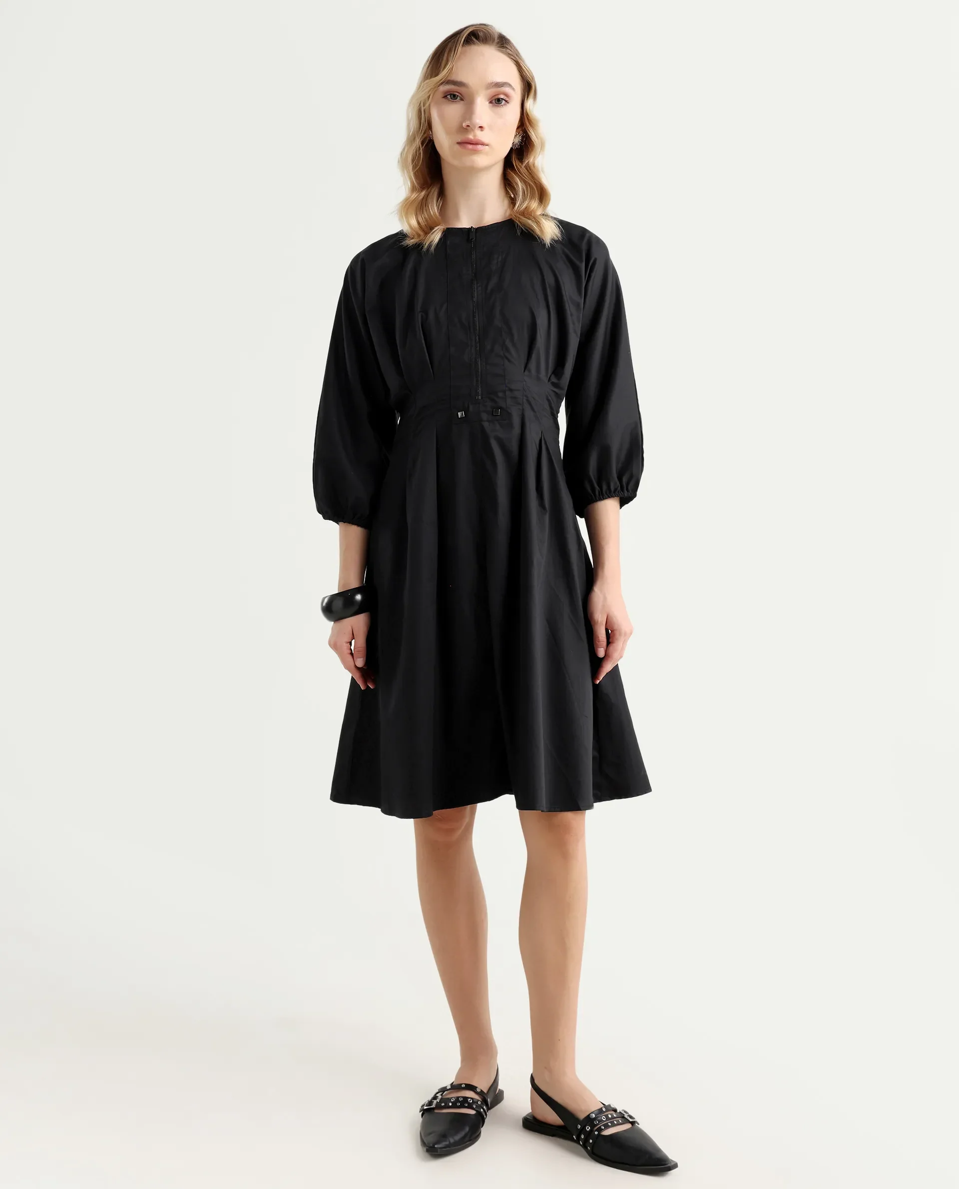 Rareism Women's Mayem Black Cotton Crew Neck Plain Volume Sleeve Knee Length Fit And Flare Dress - Image 2