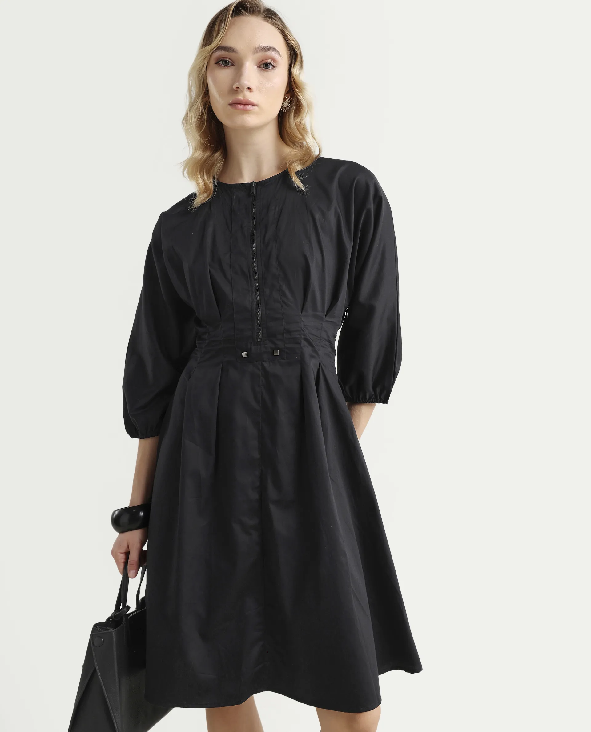 Rareism Women's Mayem Black Cotton Crew Neck Plain Volume Sleeve Knee Length Fit And Flare Dress - Image 3