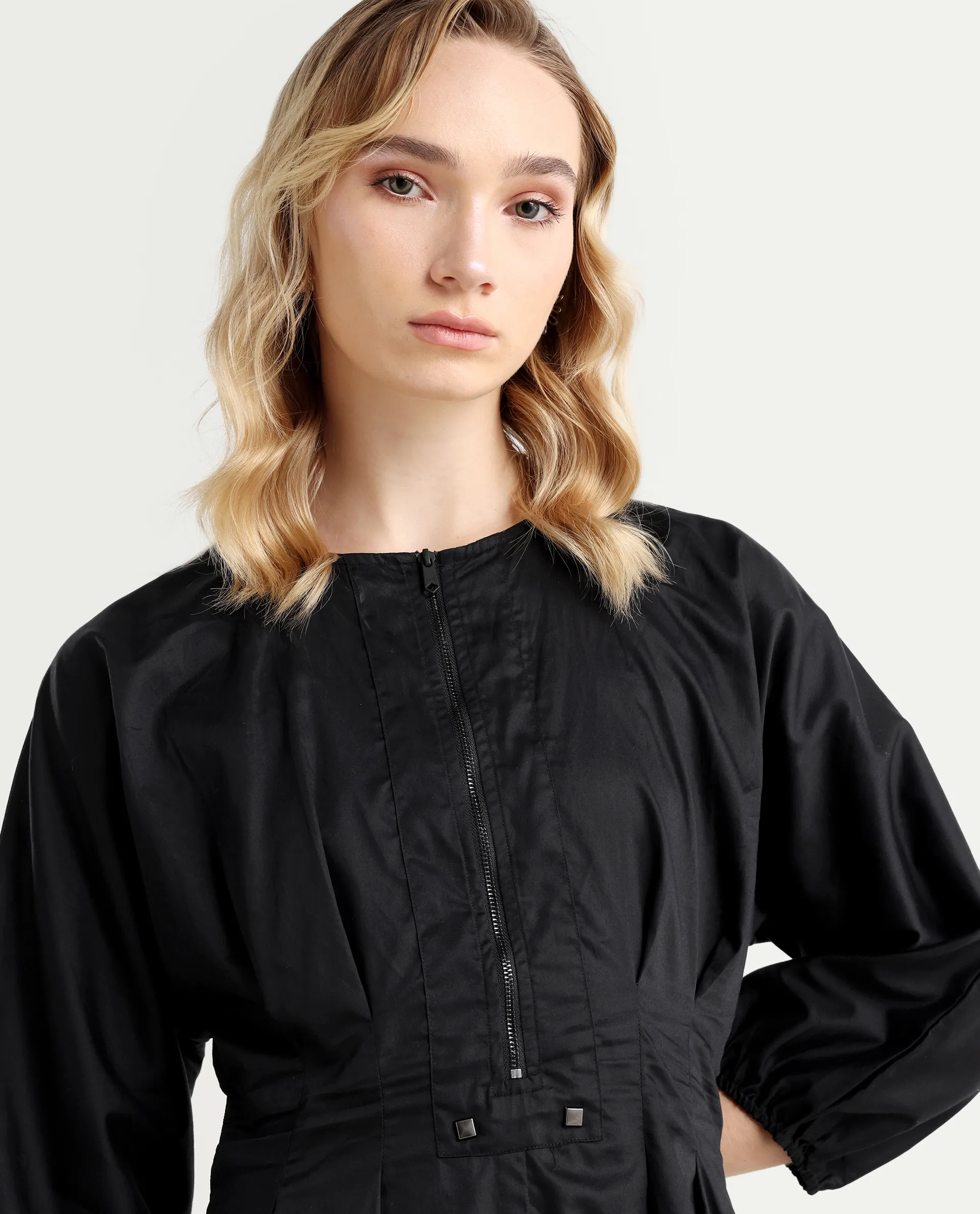 Rareism Women's Mayem Black Cotton Crew Neck Plain Volume Sleeve Knee Length Fit And Flare Dress - Image 4