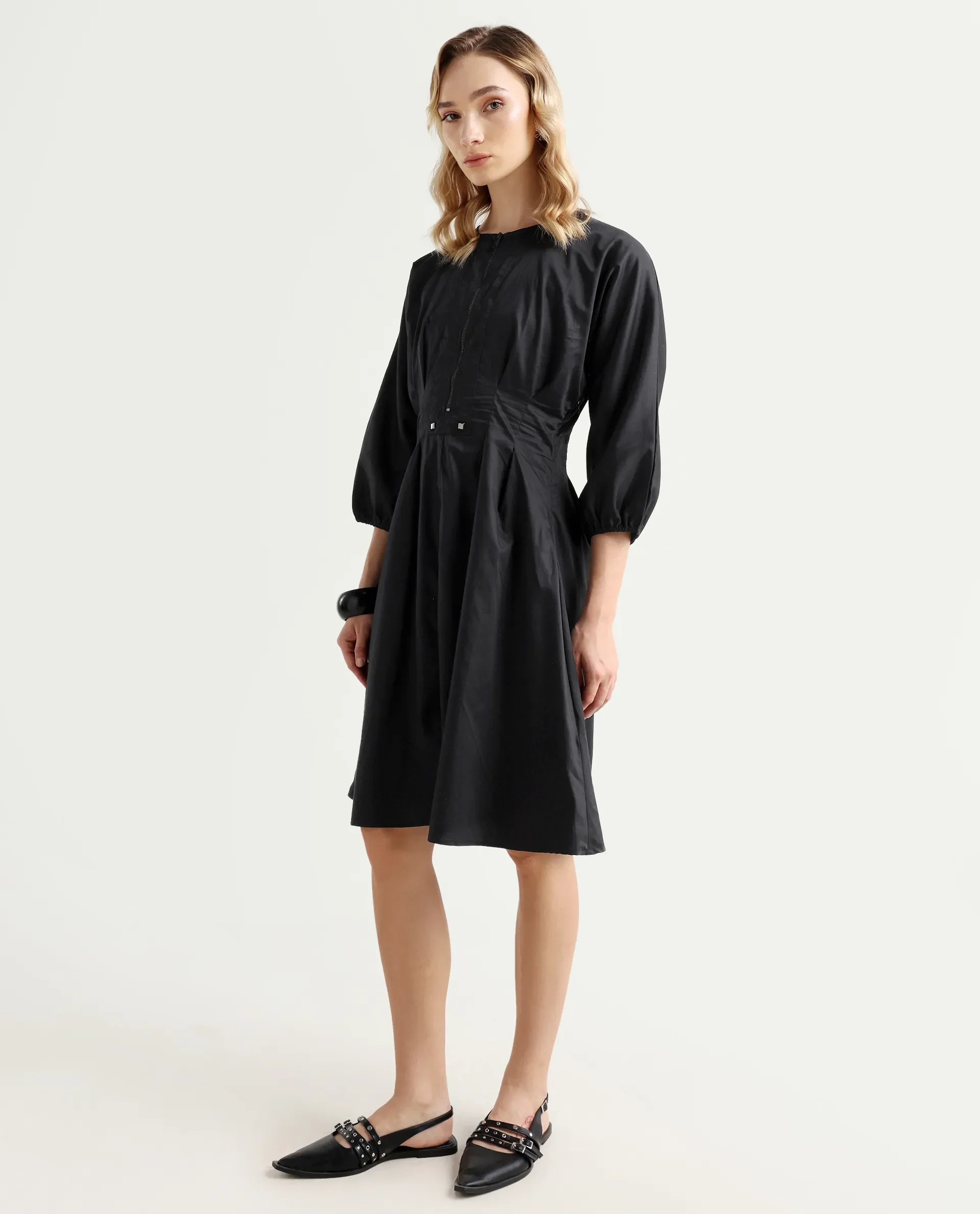 Rareism Women's Mayem Black Cotton Crew Neck Plain Volume Sleeve Knee Length Fit And Flare Dress - Image 6