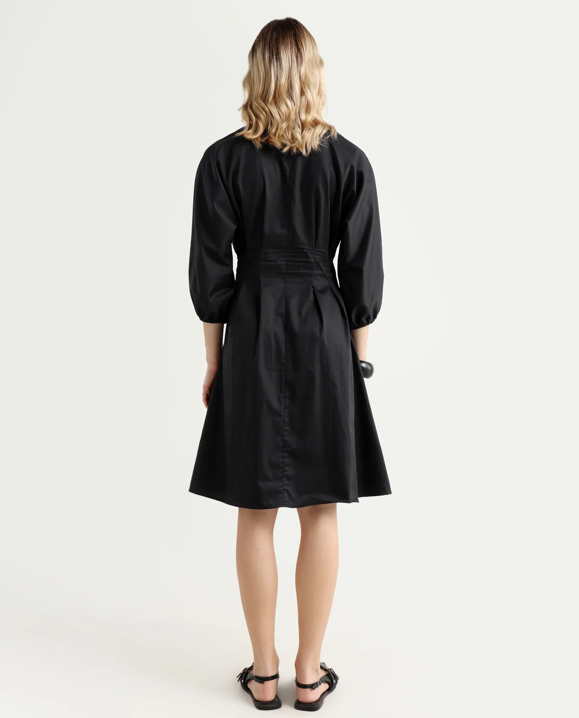 Rareism Women's Mayem Black Cotton Crew Neck Plain Volume Sleeve Knee Length Fit And Flare Dress - Image 8