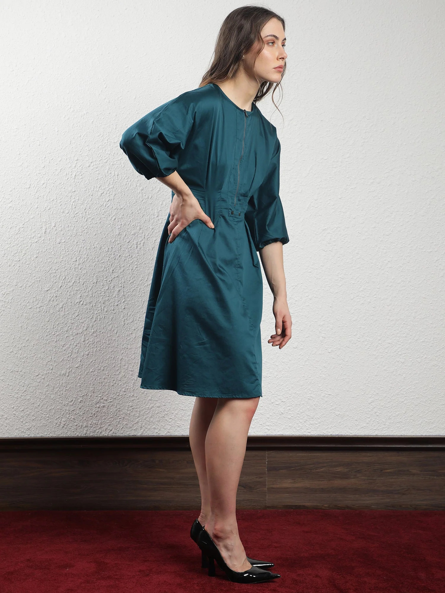 Rareism Women's Mayem Petrol Cotton Crew Neck Plain Volume Sleeve Knee Length Tailored Dress - Image 3