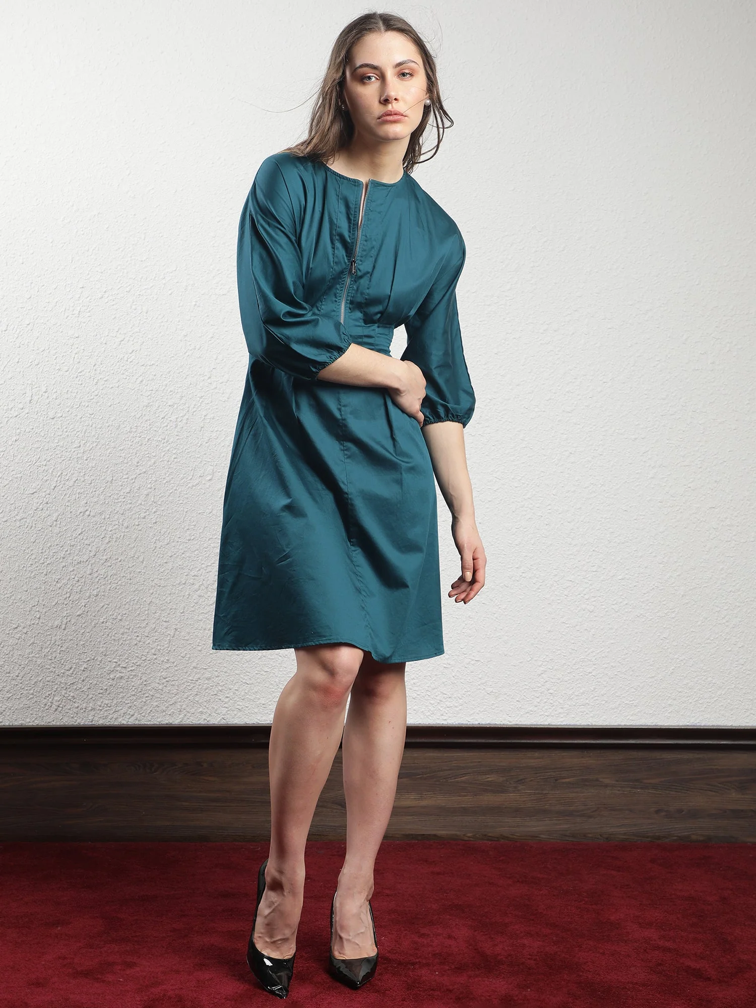 Rareism Women's Mayem Petrol Cotton Crew Neck Plain Volume Sleeve Knee Length Tailored Dress - Image 4