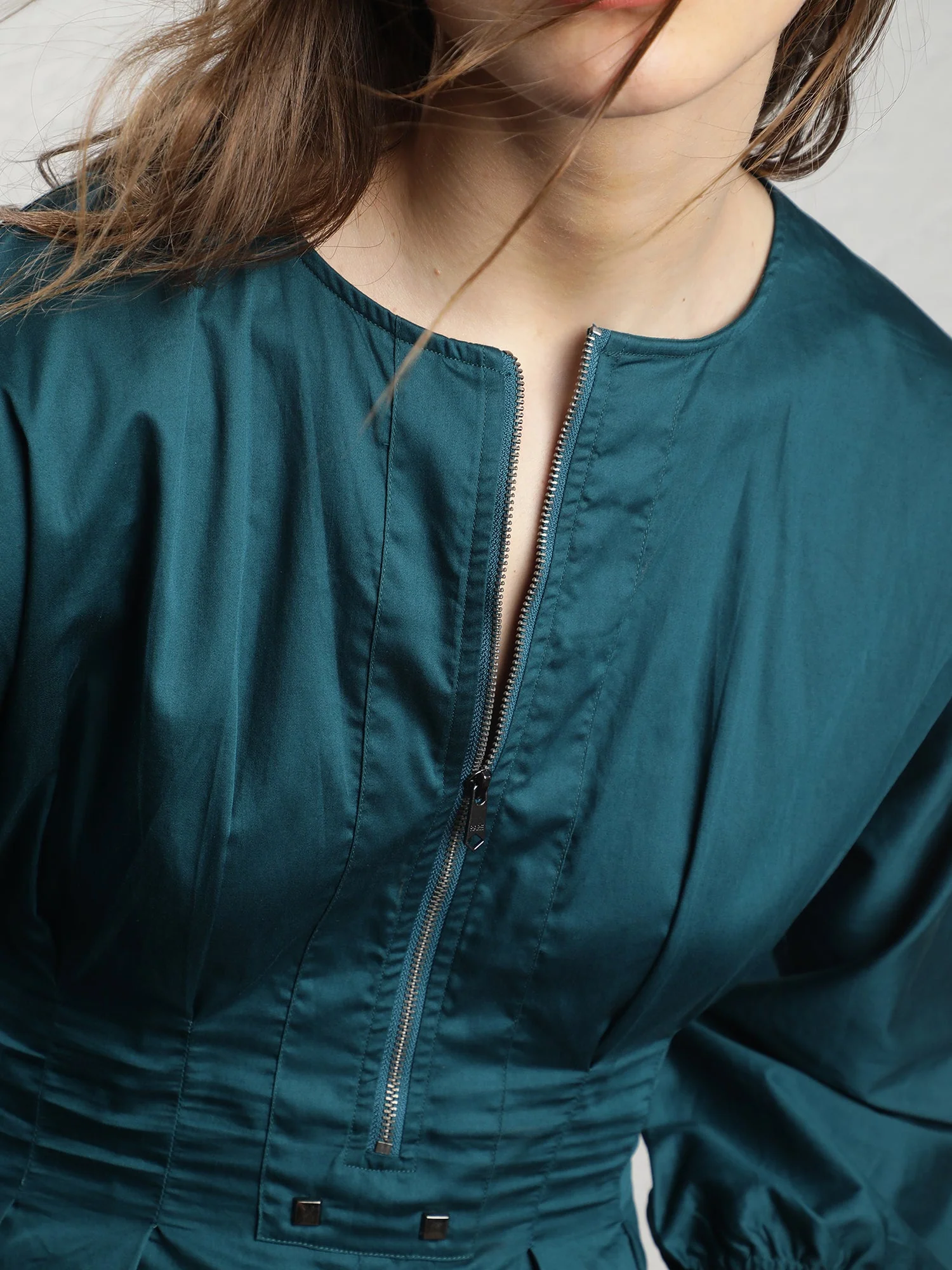 Rareism Women's Mayem Petrol Cotton Crew Neck Plain Volume Sleeve Knee Length Tailored Dress - Image 5