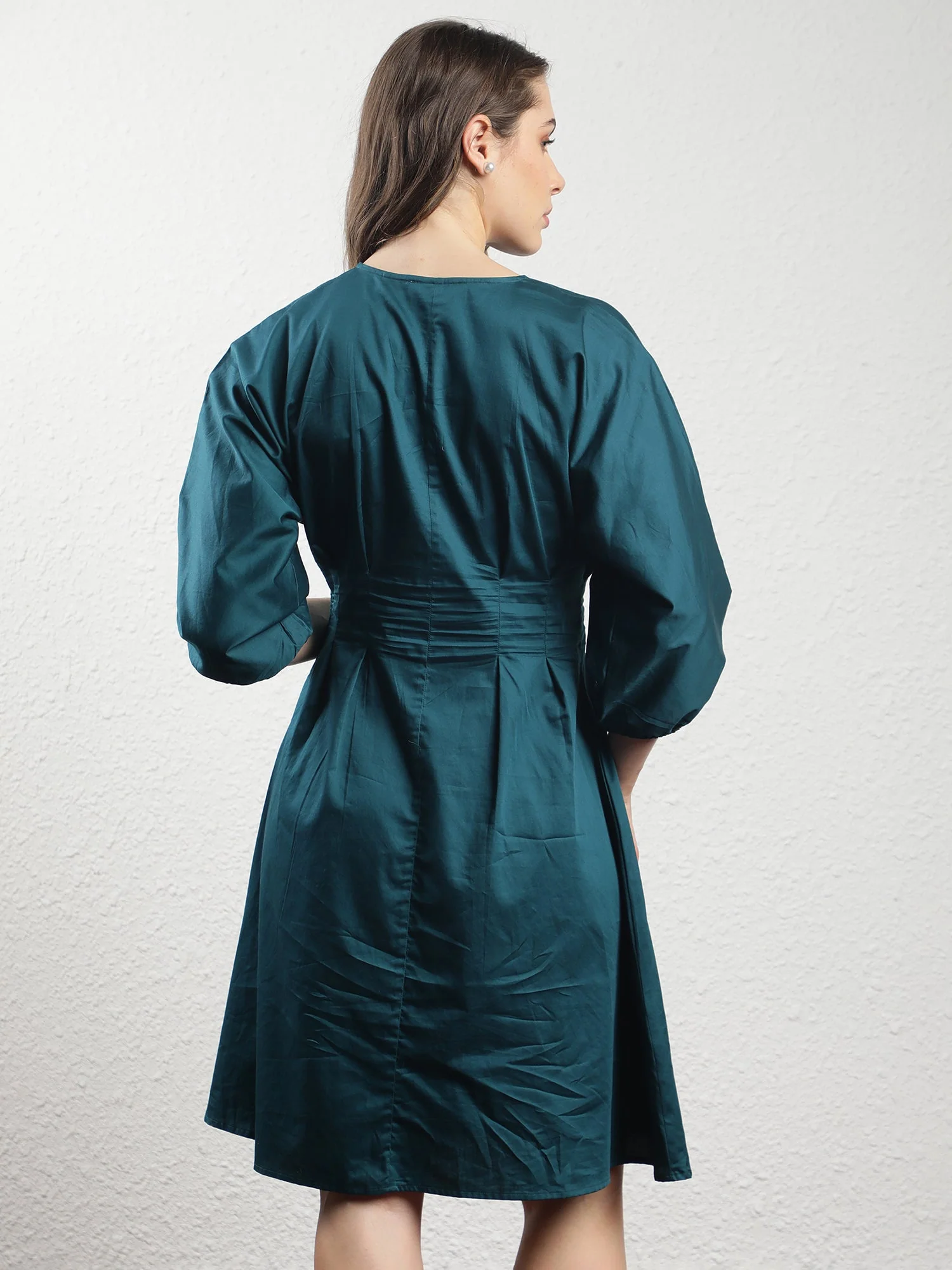 Rareism Women's Mayem Petrol Cotton Crew Neck Plain Volume Sleeve Knee Length Tailored Dress - Image 7