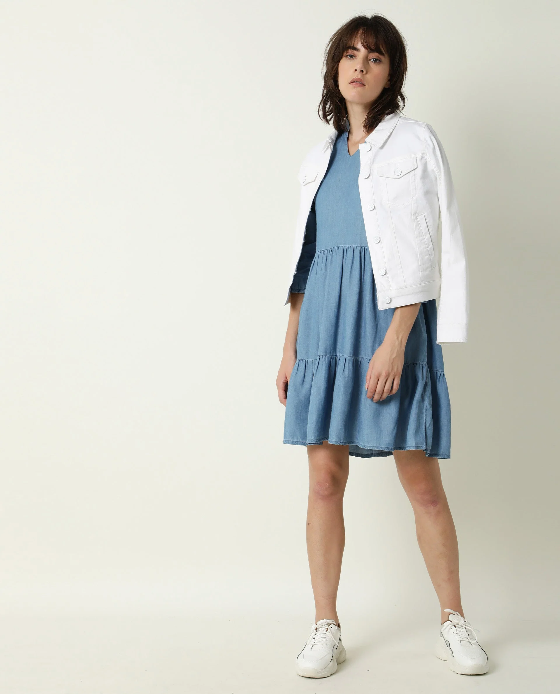 Rareism Women's Mayo Blue Lyocell V-Neck Plain Knee Length Relaxed Fit Dress - Image 2