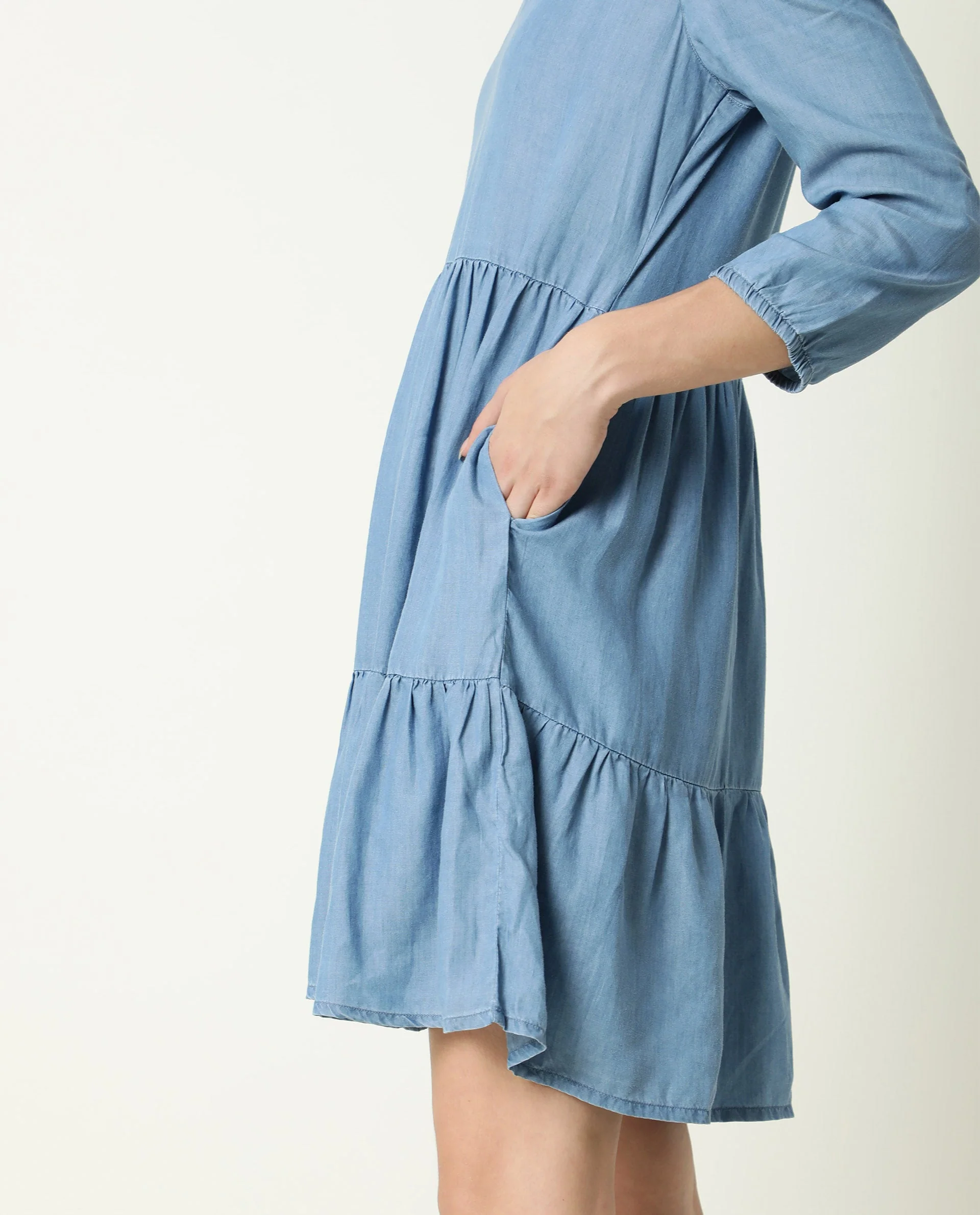 Rareism Women's Mayo Blue Lyocell V-Neck Plain Knee Length Relaxed Fit Dress - Image 3