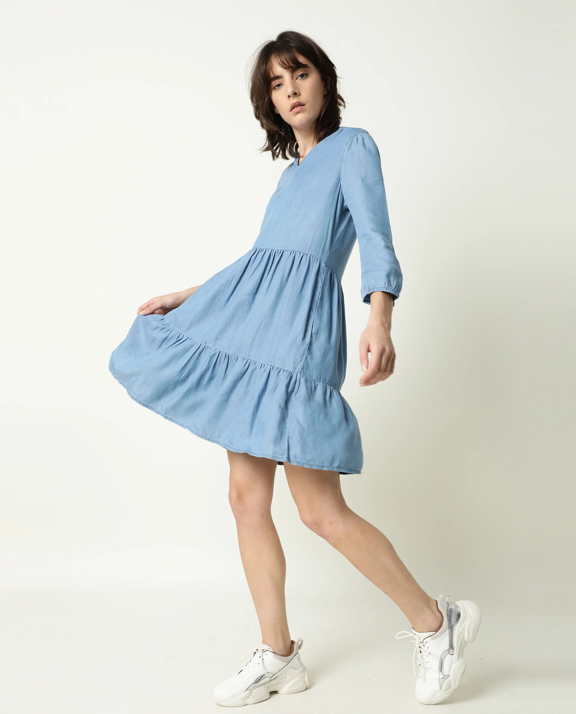 Rareism Women's Mayo Blue Lyocell V-Neck Plain Knee Length Relaxed Fit Dress - Image 4