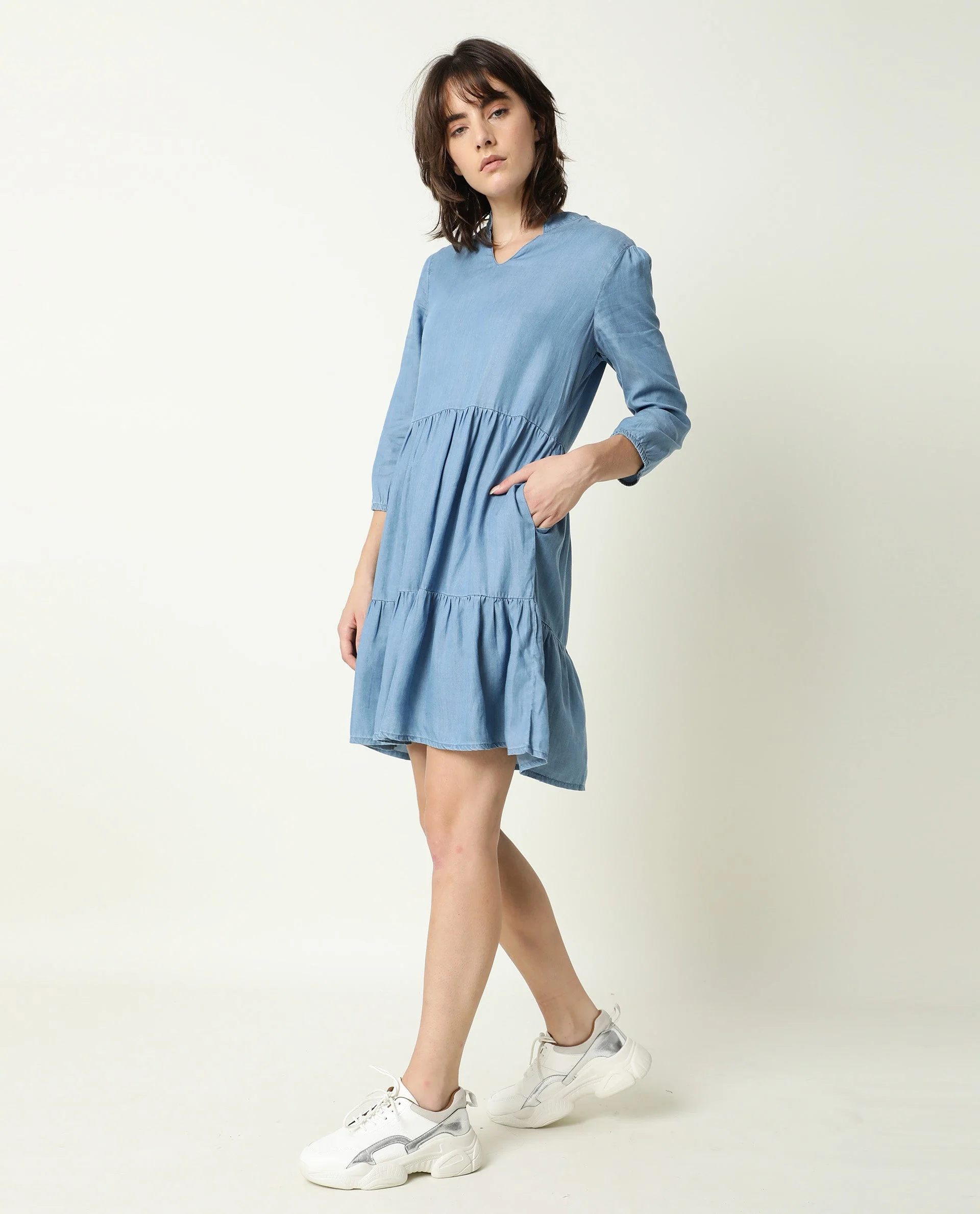 Rareism Women's Mayo Blue Lyocell V-Neck Plain Knee Length Relaxed Fit Dress - Image 5