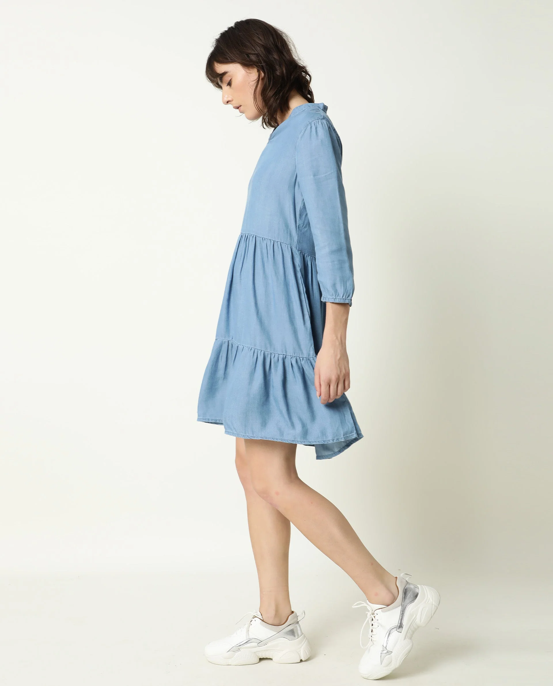 Rareism Women's Mayo Blue Lyocell V-Neck Plain Knee Length Relaxed Fit Dress - Image 6