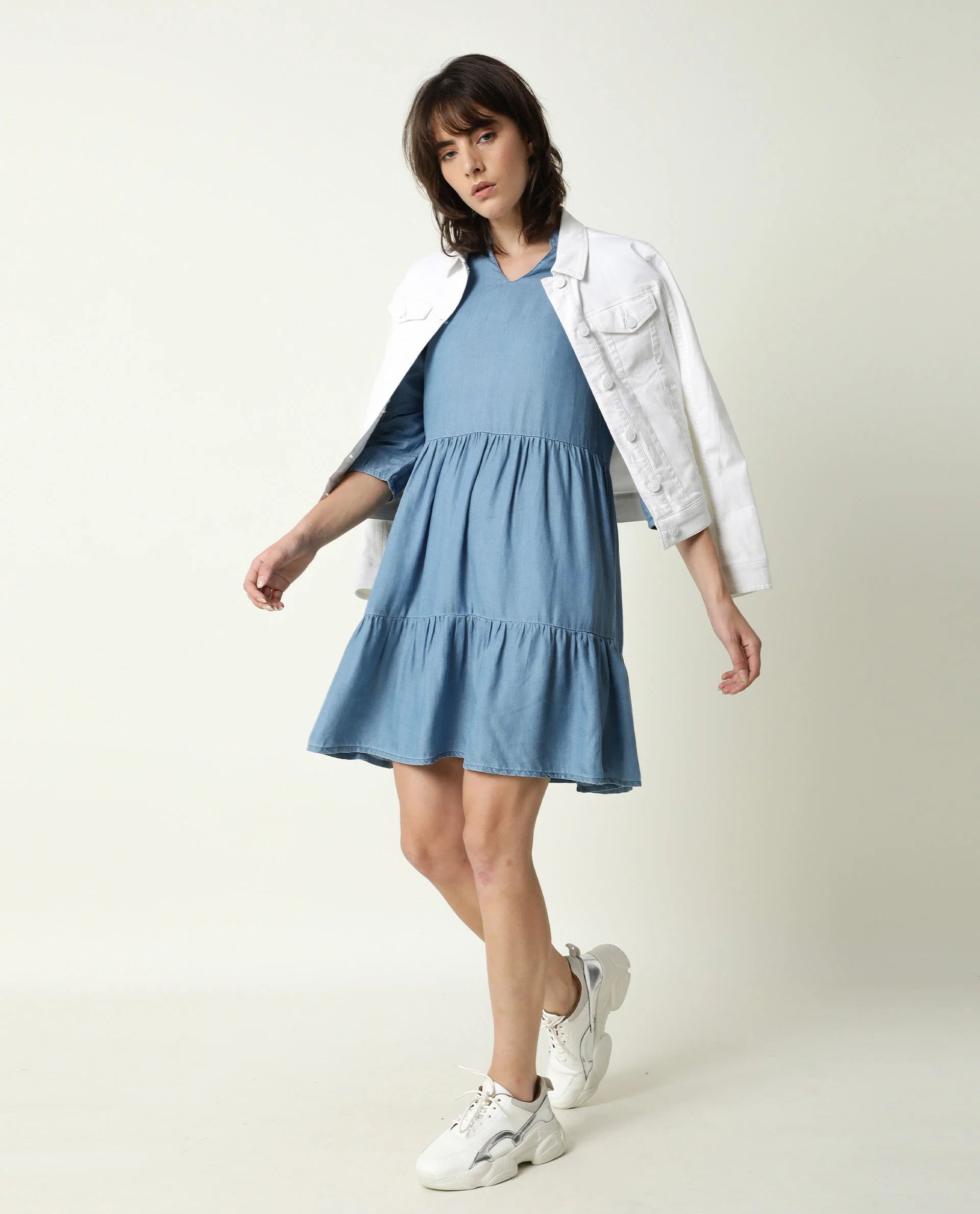 Rareism Women's Mayo Blue Lyocell V-Neck Plain Knee Length Relaxed Fit Dress - Image 7