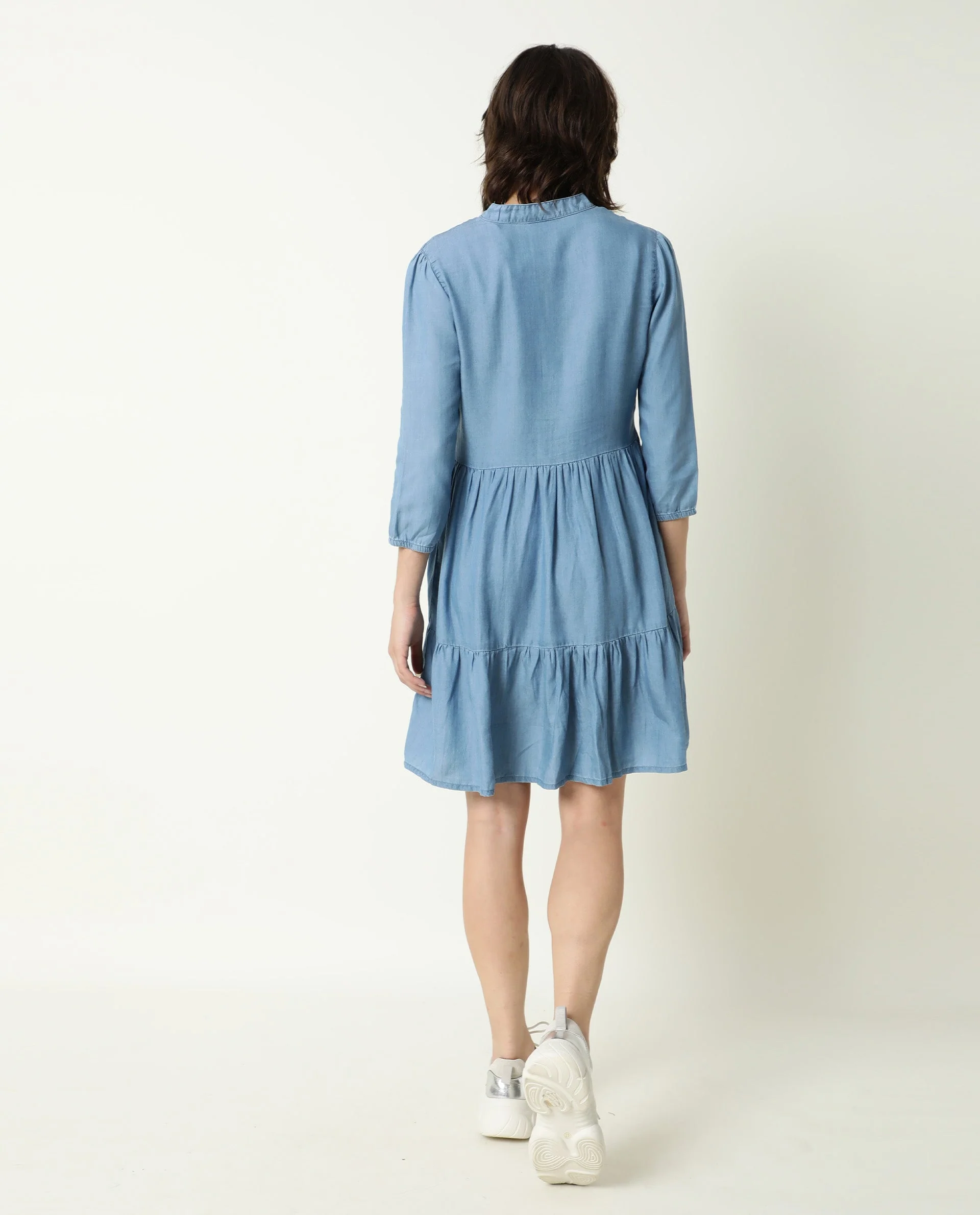 Rareism Women's Mayo Blue Lyocell V-Neck Plain Knee Length Relaxed Fit Dress - Image 8