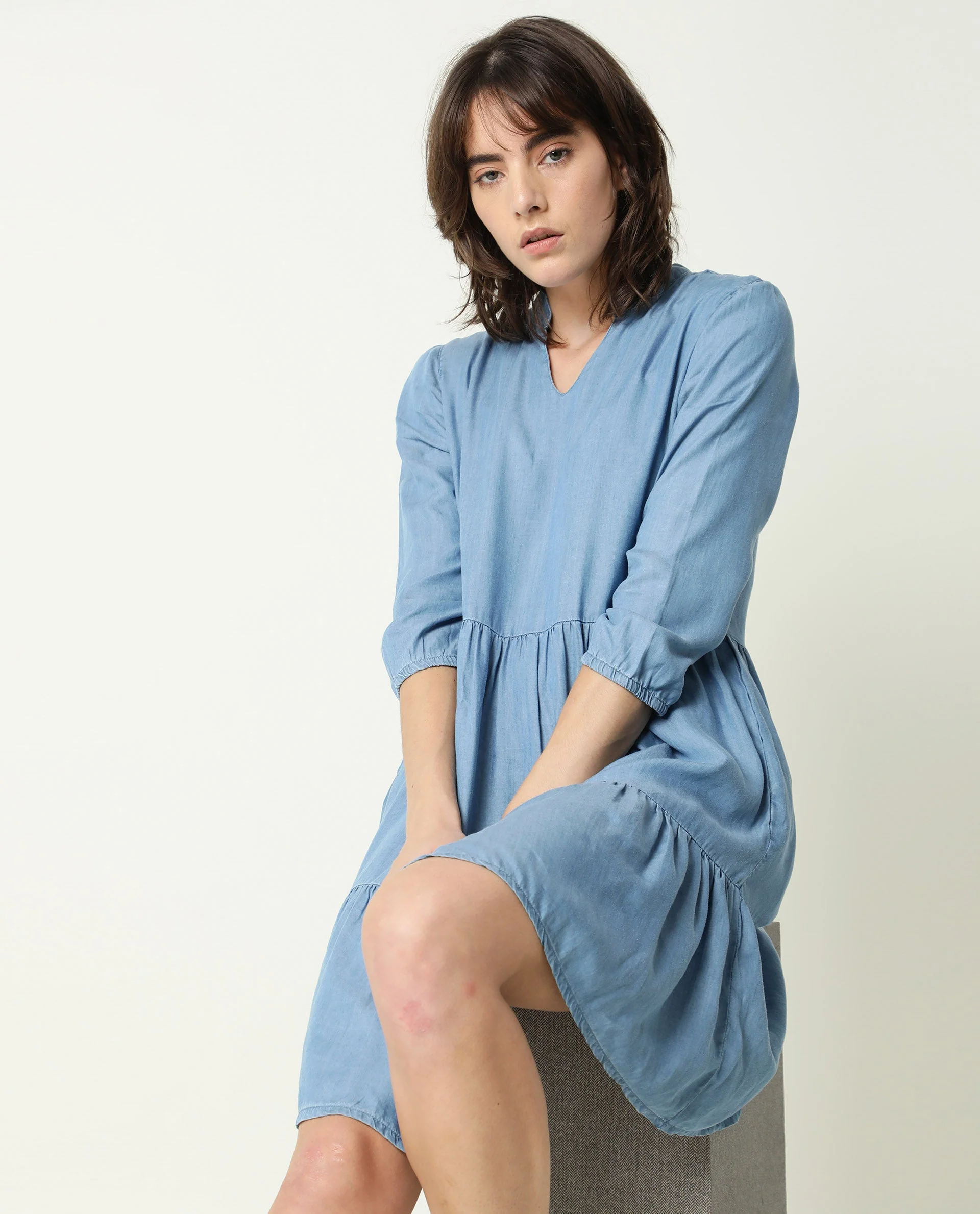 Rareism Women's Mayo Blue Lyocell V-Neck Plain Knee Length Relaxed Fit Dress - Image 9