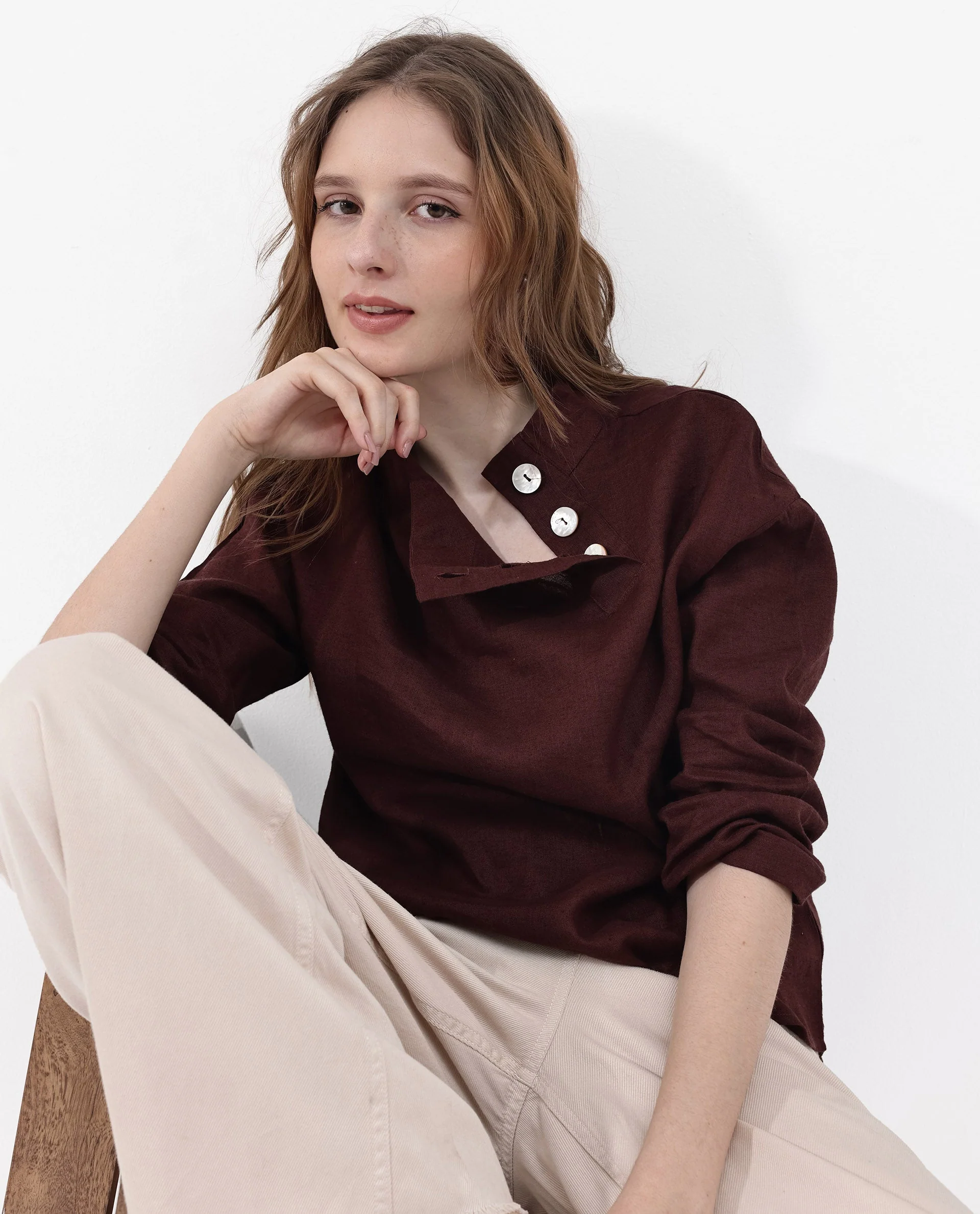 Rareism Women's Mayotte Brown Linen Mandarin Collar Plain Relaxed Fit Top