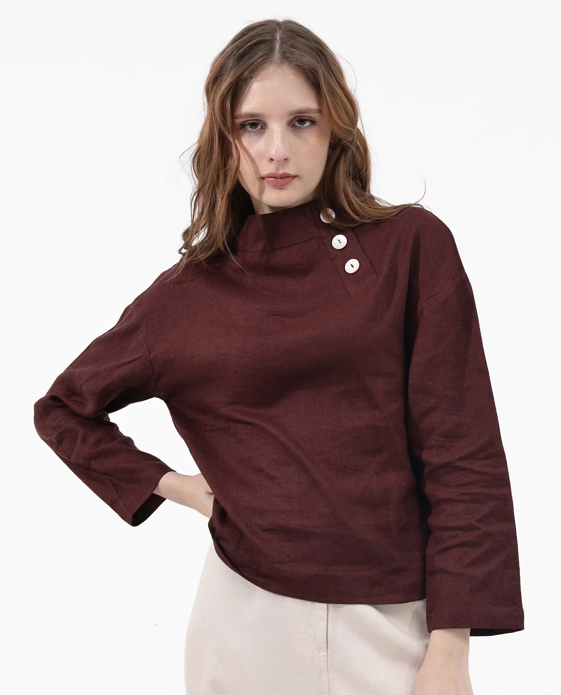 Rareism Women's Mayotte Brown Linen Mandarin Collar Plain Relaxed Fit Top - Image 10