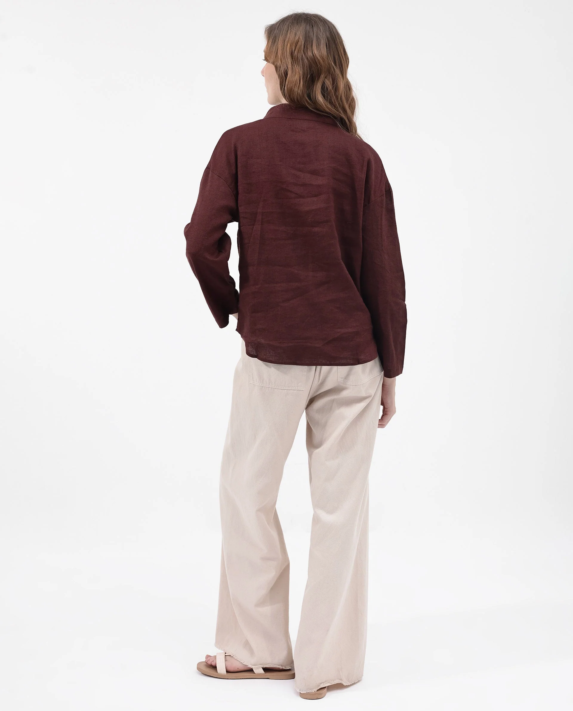 Rareism Women's Mayotte Brown Linen Mandarin Collar Plain Relaxed Fit Top - Image 11