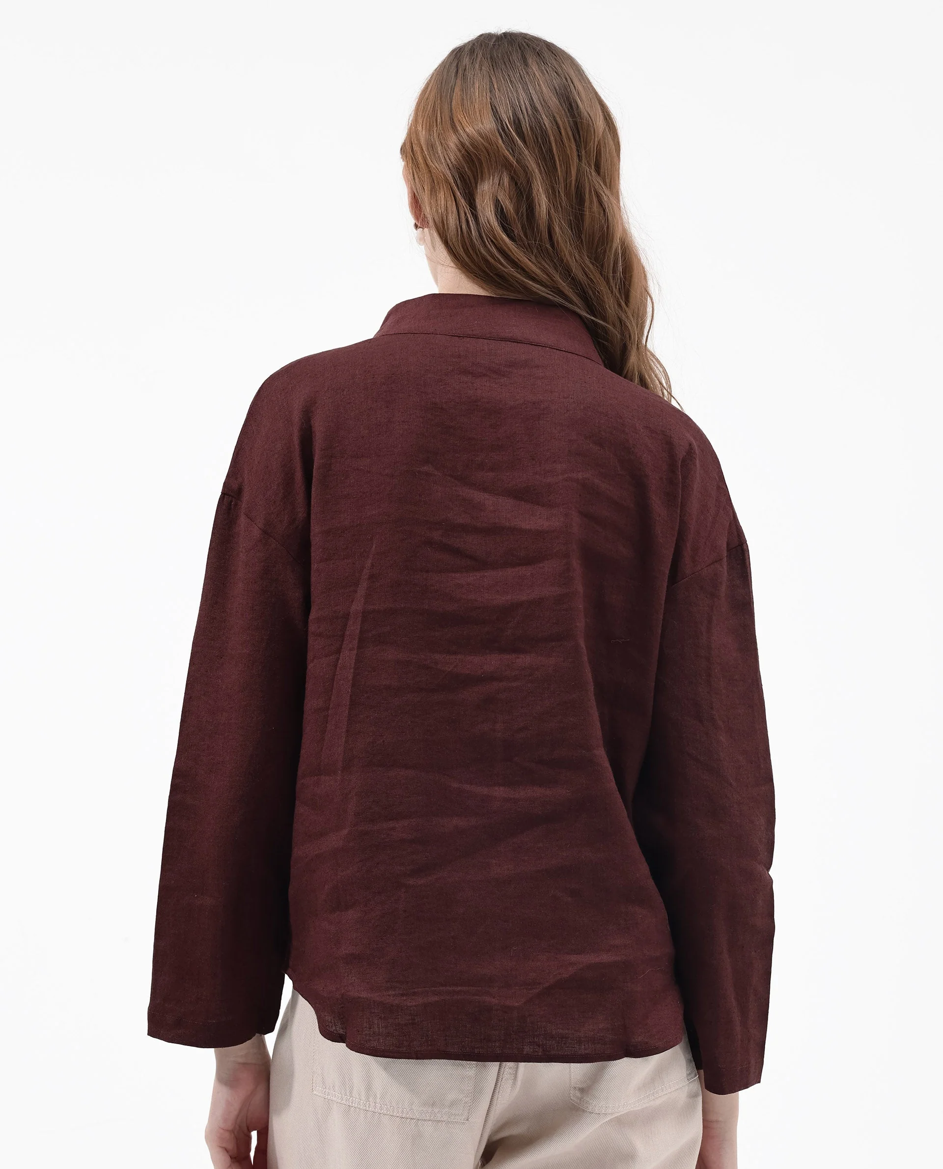 Rareism Women's Mayotte Brown Linen Mandarin Collar Plain Relaxed Fit Top - Image 12