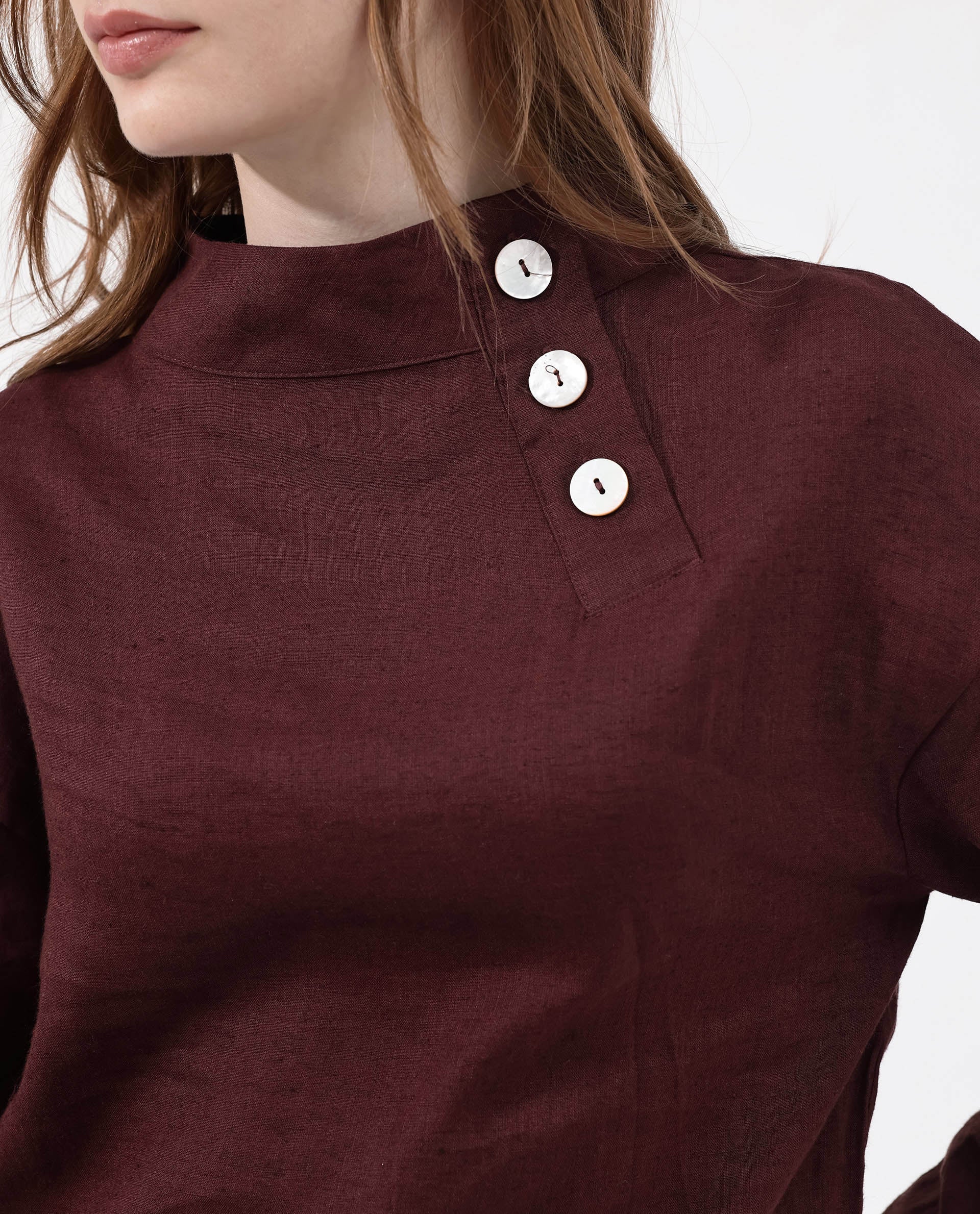 Rareism Women's Mayotte Brown Linen Mandarin Collar Plain Relaxed Fit Top - Image 2