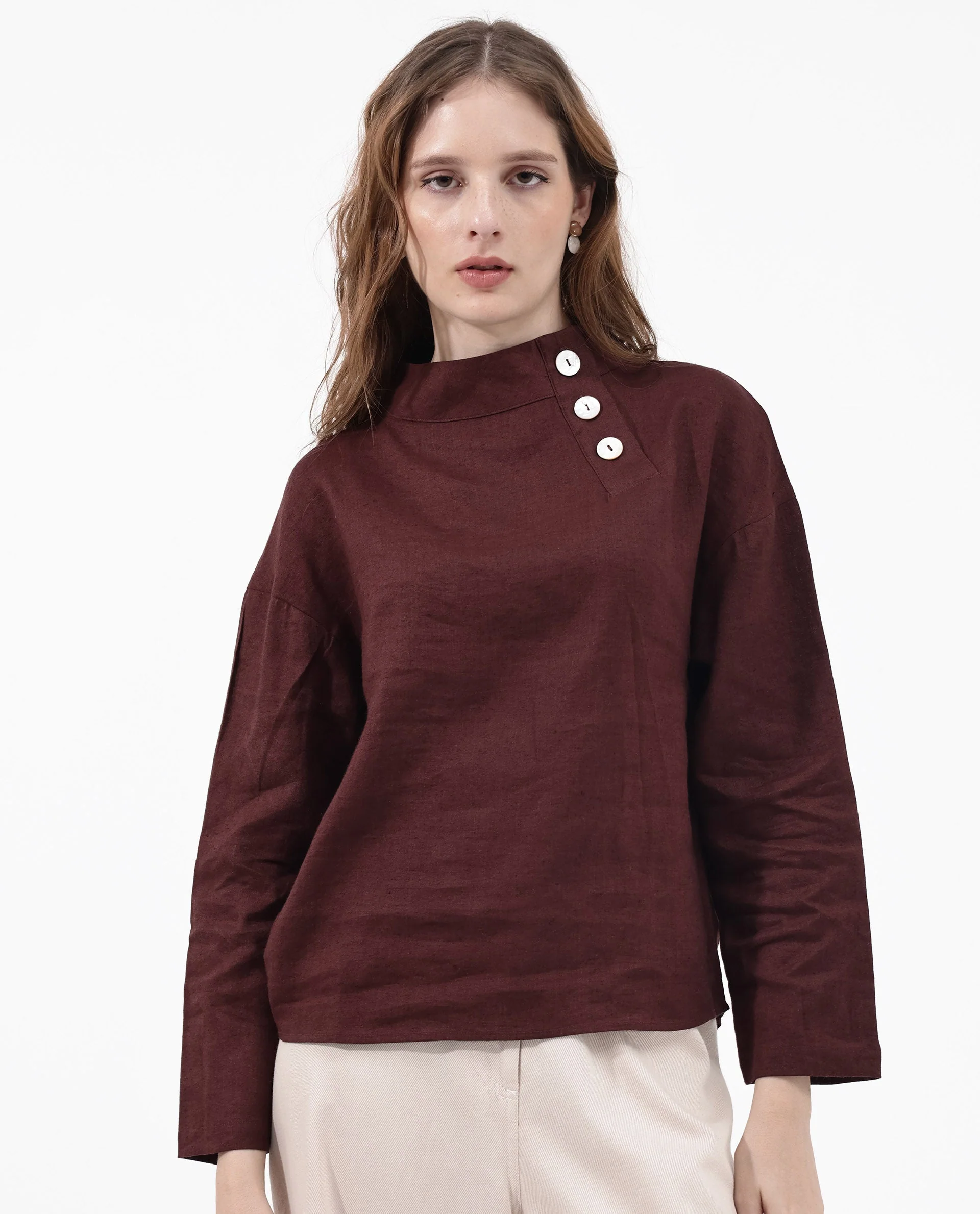 Rareism Women's Mayotte Brown Linen Mandarin Collar Plain Relaxed Fit Top - Image 3