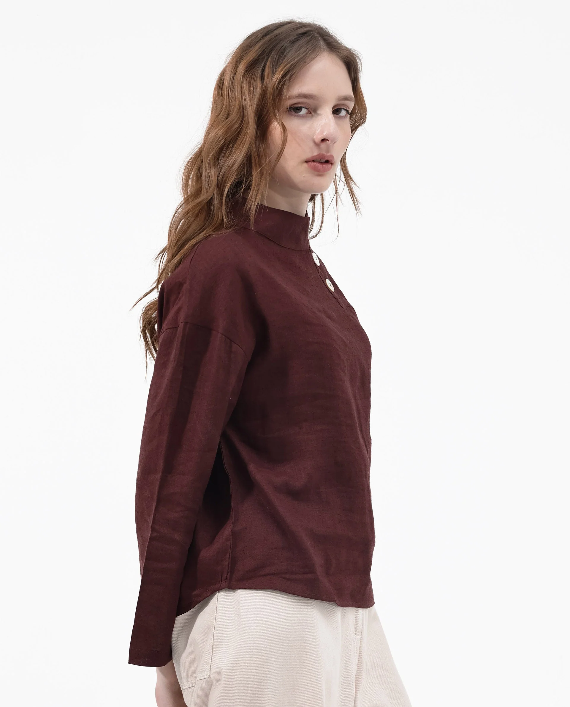 Rareism Women's Mayotte Brown Linen Mandarin Collar Plain Relaxed Fit Top - Image 4