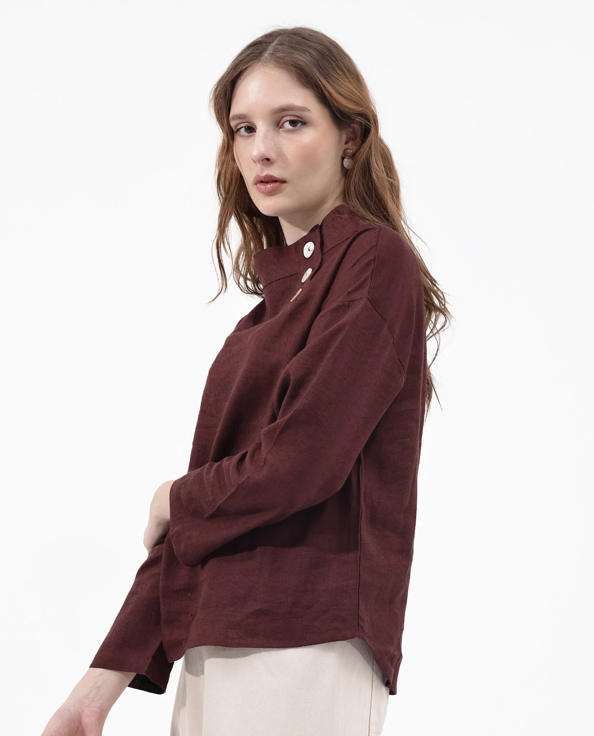 Rareism Women's Mayotte Brown Linen Mandarin Collar Plain Relaxed Fit Top - Image 5