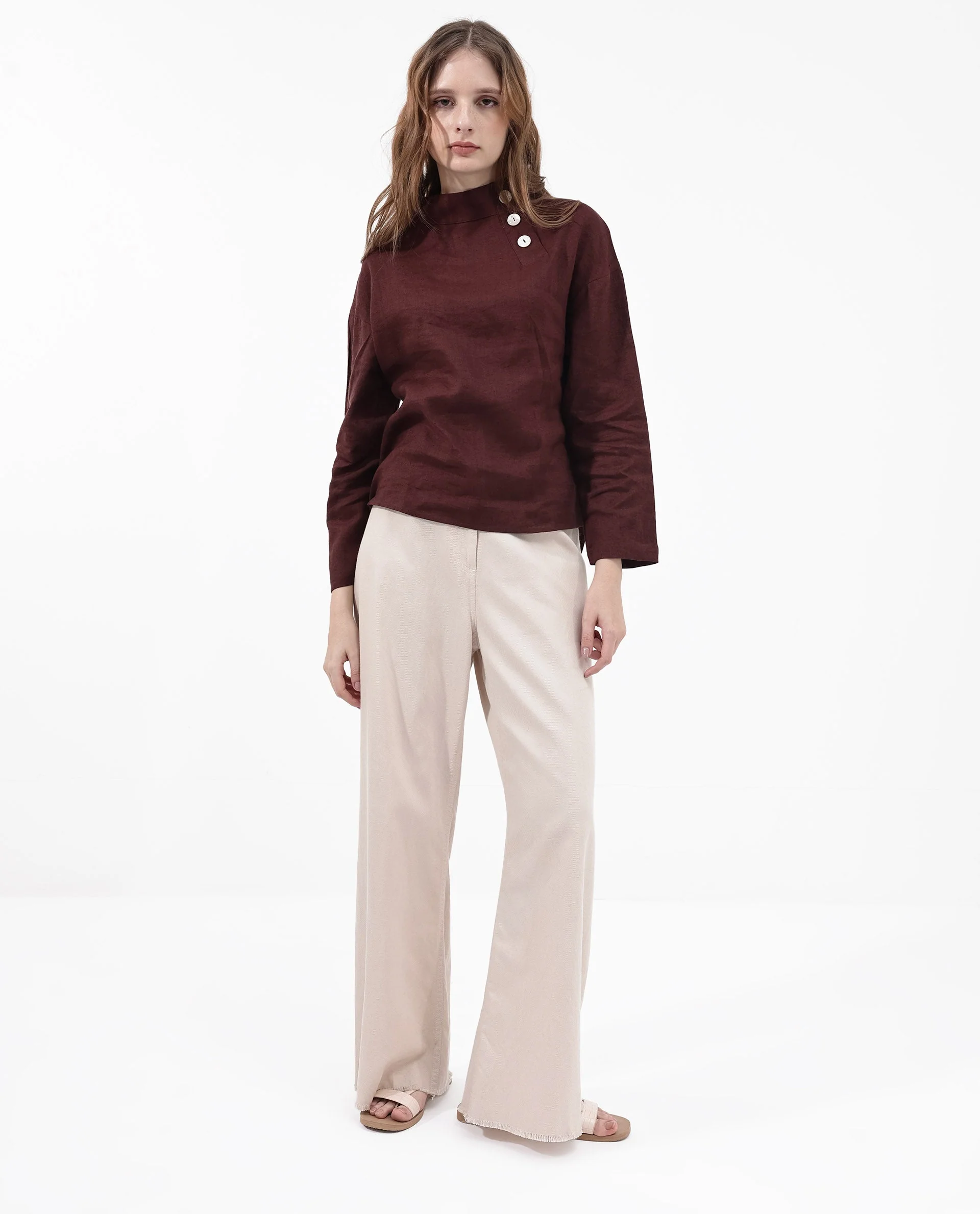 Rareism Women's Mayotte Brown Linen Mandarin Collar Plain Relaxed Fit Top - Image 6
