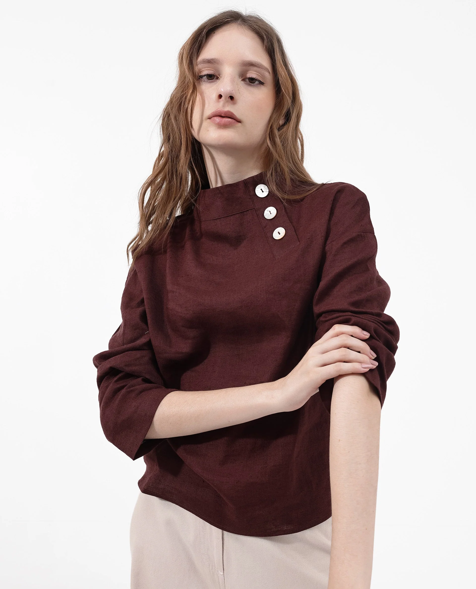 Rareism Women's Mayotte Brown Linen Mandarin Collar Plain Relaxed Fit Top - Image 7