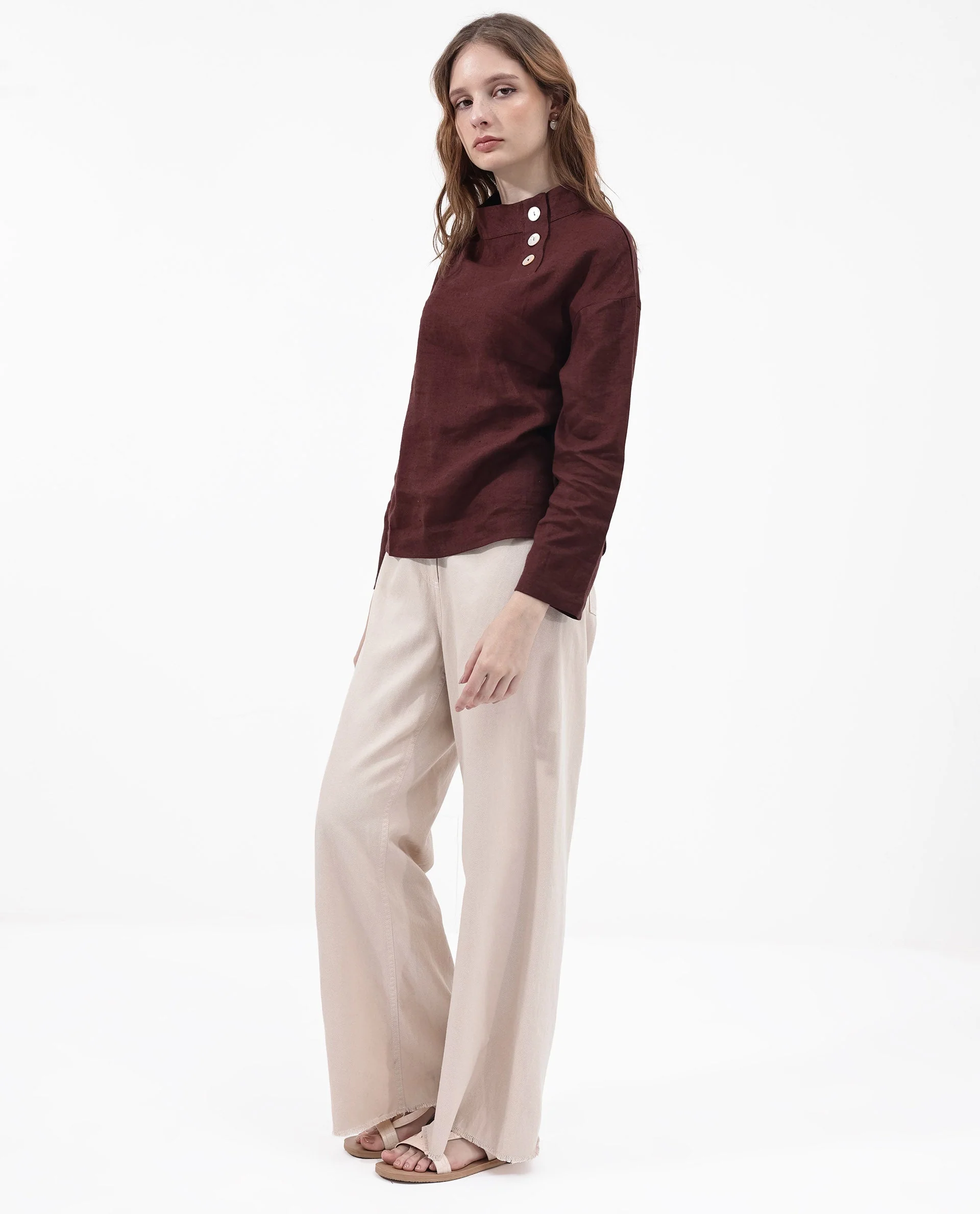 Rareism Women's Mayotte Brown Linen Mandarin Collar Plain Relaxed Fit Top - Image 9