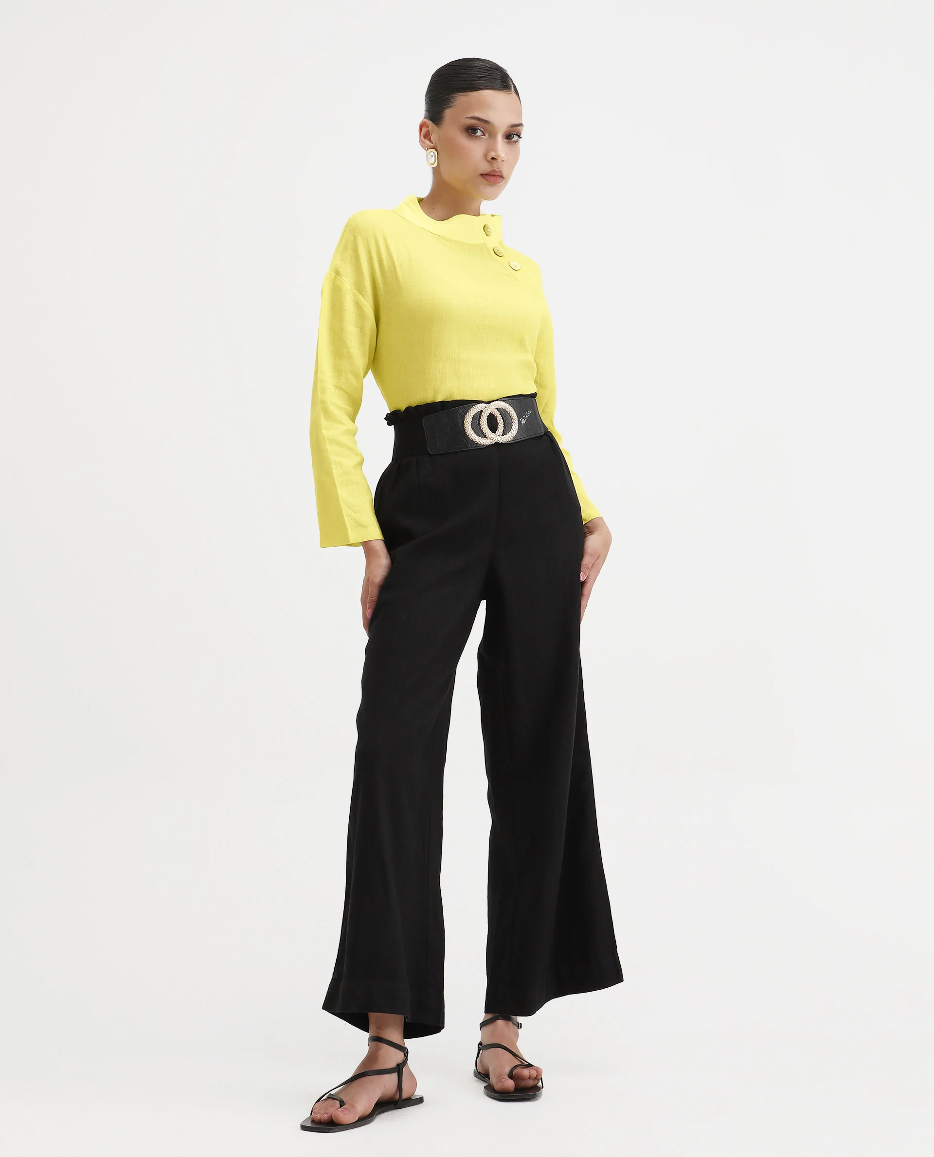 Rareism Women's Mayotte Pastel Yellow Linen Mandarin Collar Plain Relaxed Fit Top - Image 2