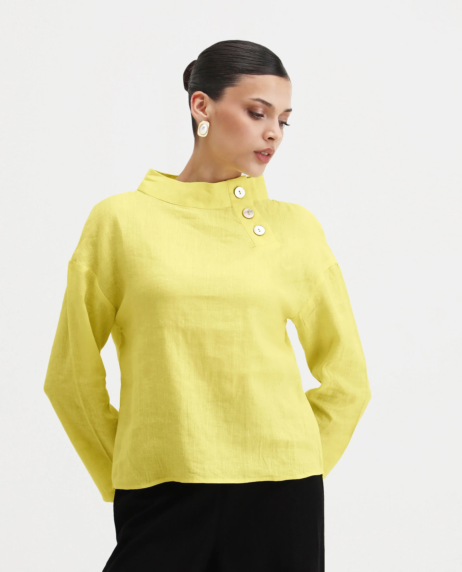 Rareism Women's Mayotte Pastel Yellow Linen Mandarin Collar Plain Relaxed Fit Top - Image 3